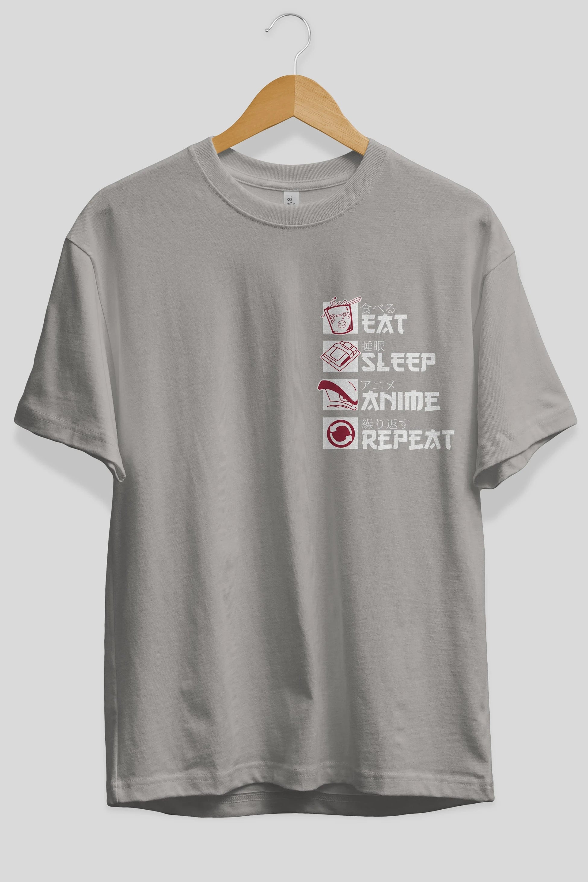 Eat, Sleep, Anime, Repeat Ön Sol Baskılı Oversize t-shirt Erkek Kadın Unisex %100 Pamuk Bisiklet Yaka tişort