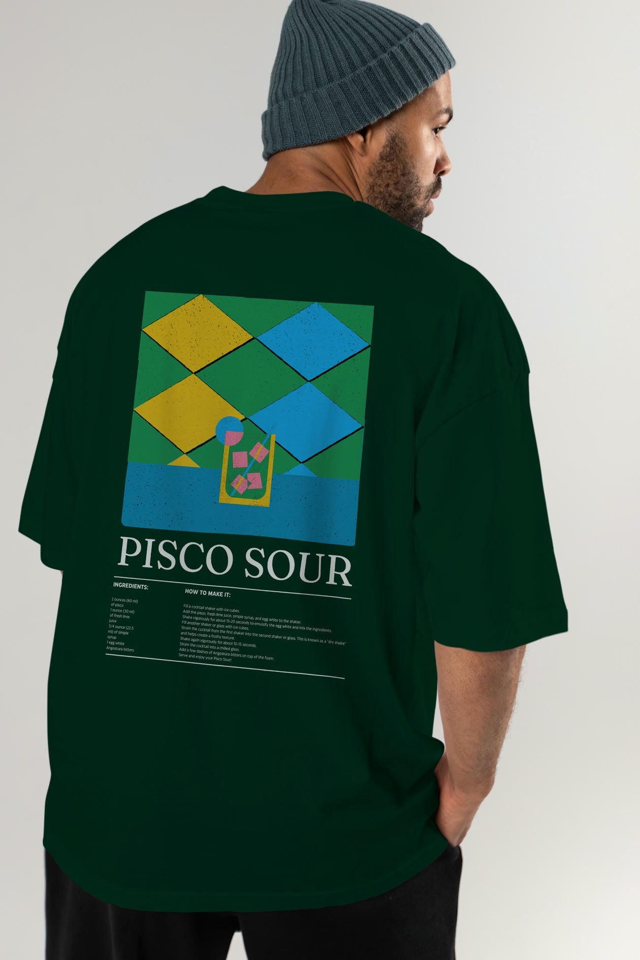 Pisco Sour Kokteyl Serisi Arka Baskılı Oversize t-shirt Erkek Kadın %100 Pamuk Bisiklet Yaka tişort