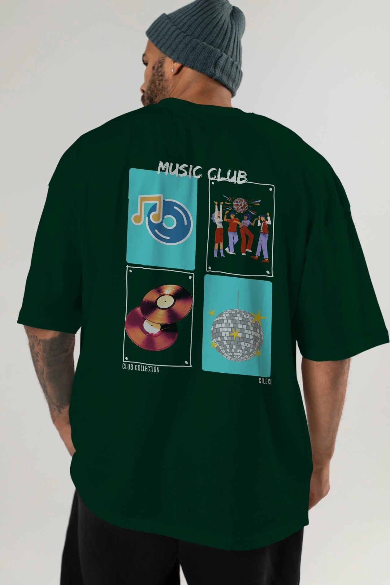 Music Club Arka Baskılı Oversize t-shirt Erkek Kadın %100 Pamuk Bisiklet Yaka tişort