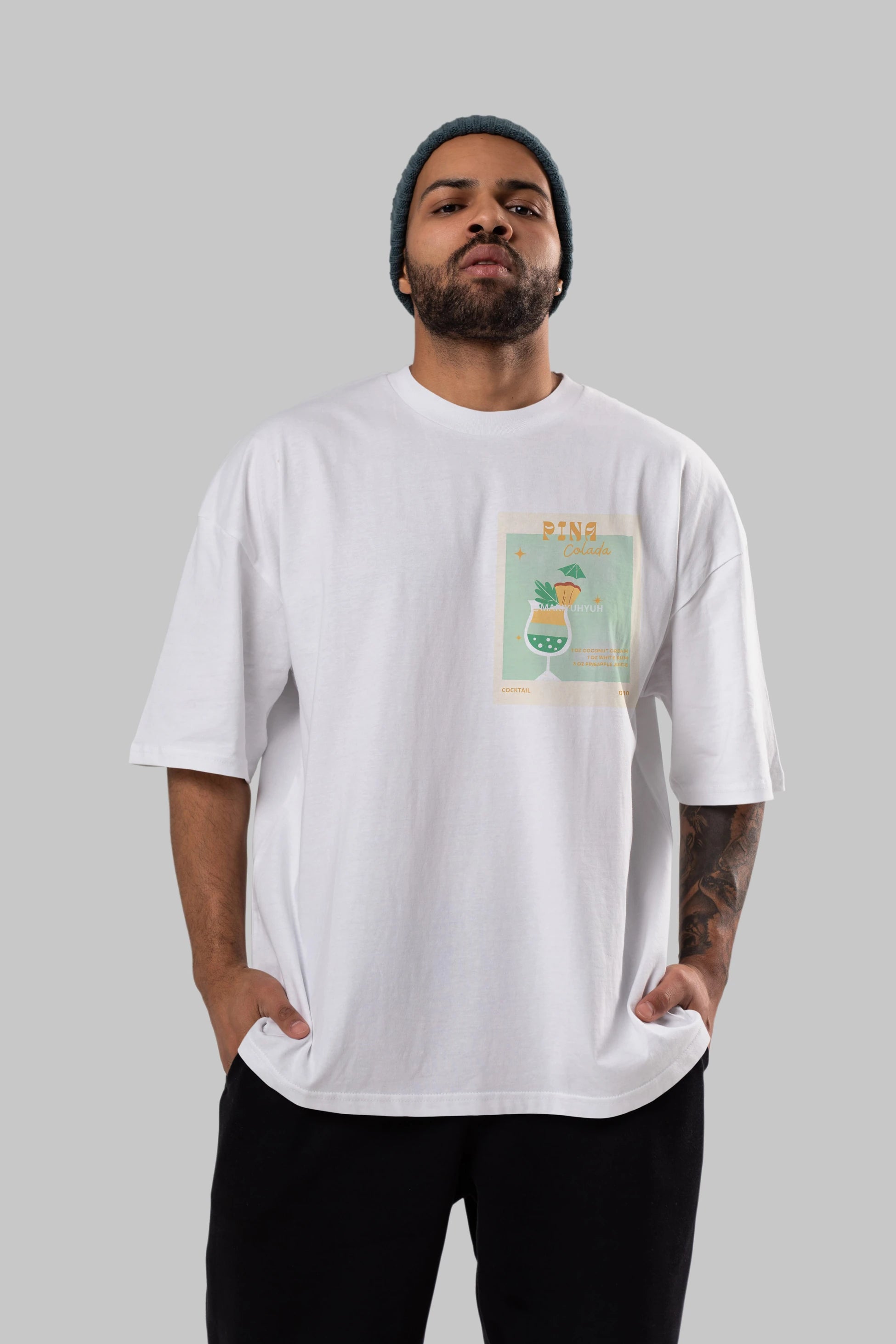 Pina Colada Ön Sol Baskılı Oversize t-shirt Erkek Kadın Unisex %100 Pamuk Bisiklet Yaka tişort