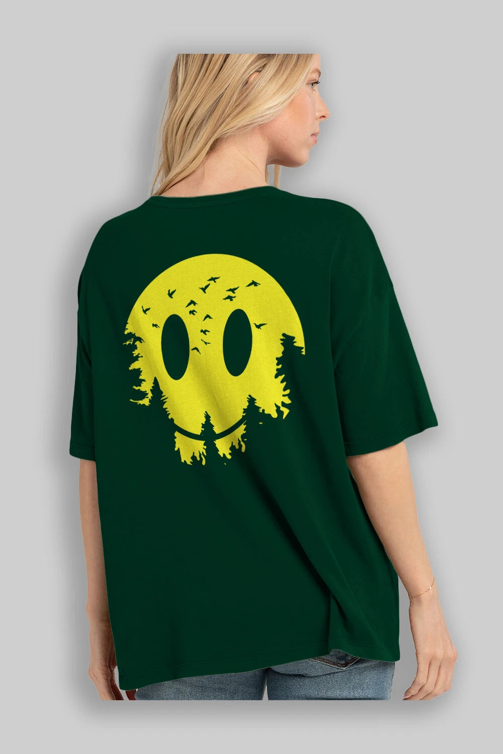 Smiley Moon Arka Baskılı Oversize t-shirt %100 pamuk Erkek Kadın Unisex