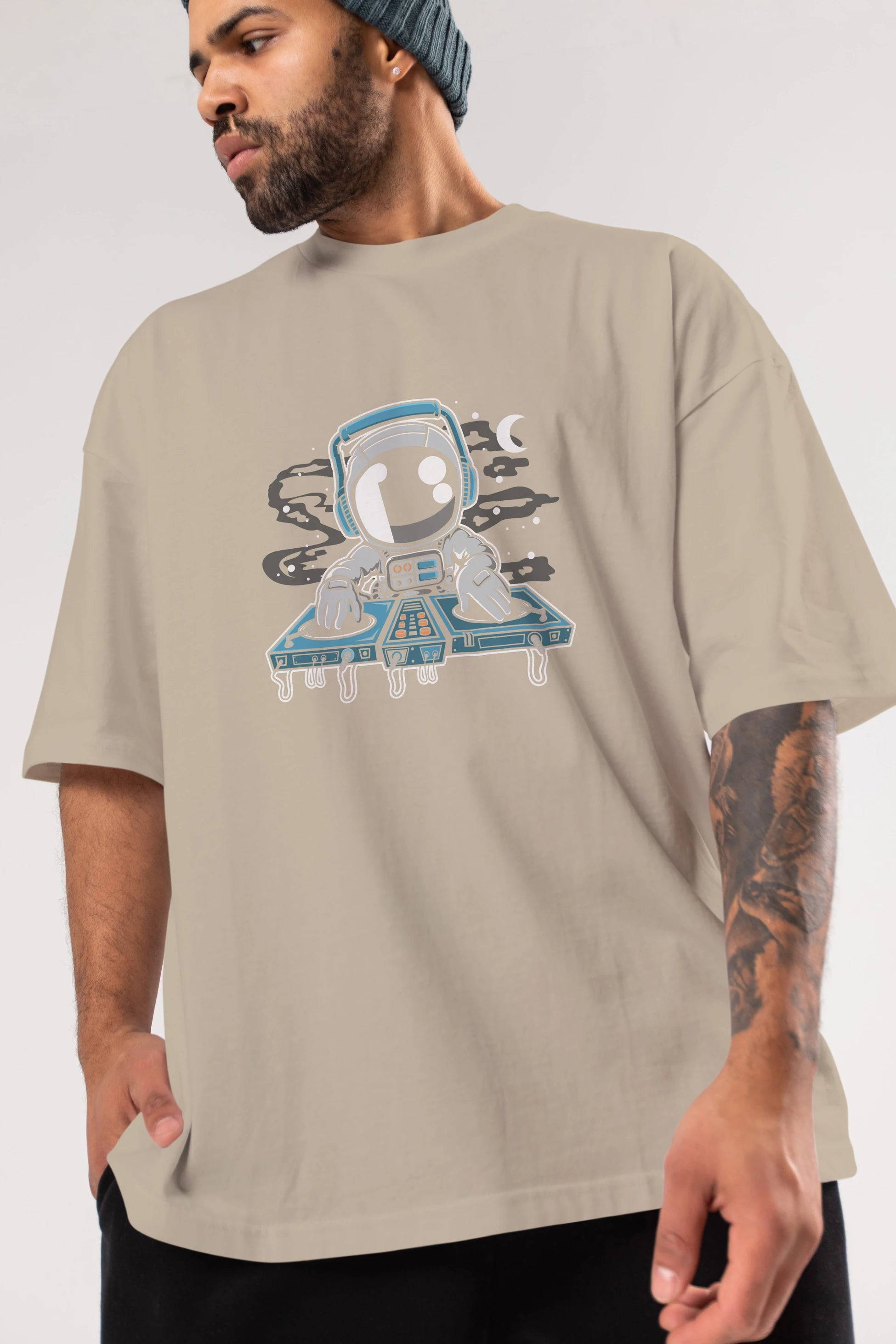 Astronaut Turntable Ön Baskılı Oversize t-shirt Erkek Kadın Unisex