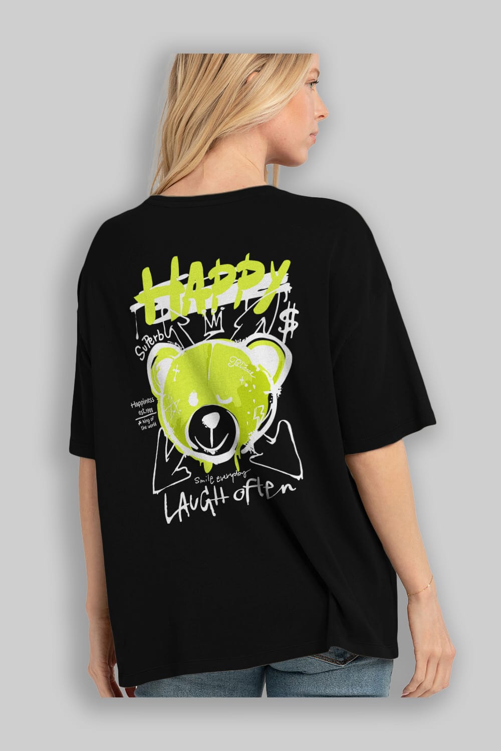 Happy Bear Arka Baskılı Oversize t-shirt Erkek Kadın Unisex