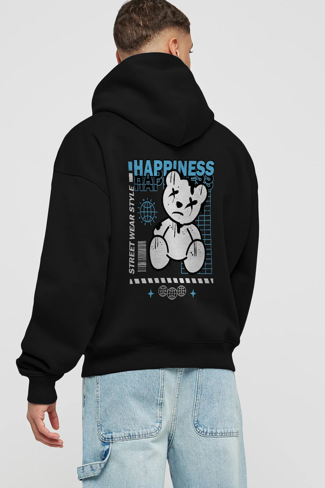 Happiness Bear 2 Arka Baskılı Hoodie Oversize Kapüşonlu Sweatshirt Erkek Kadın Unisex