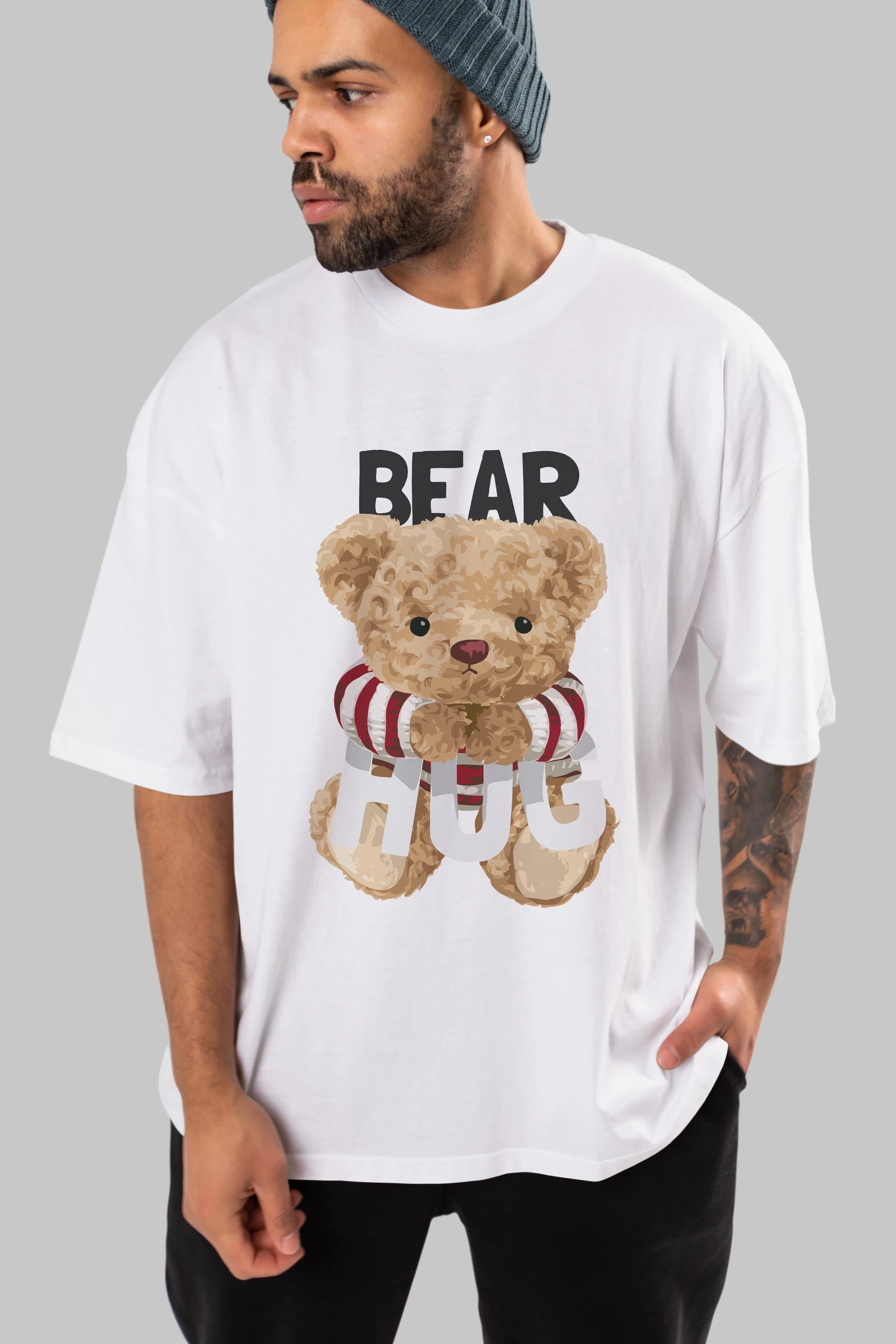 Teddy Bear Hug Ön Baskılı Oversize t-shirt Erkek Kadın Unisex %100 Pamuk