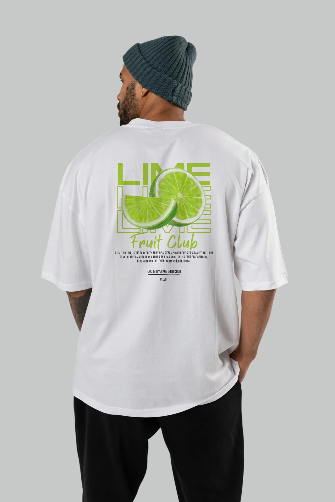 Lime Arka Baskılı Oversize t-shirt Erkek Kadın Pamuk Bisiklet Yaka tişort