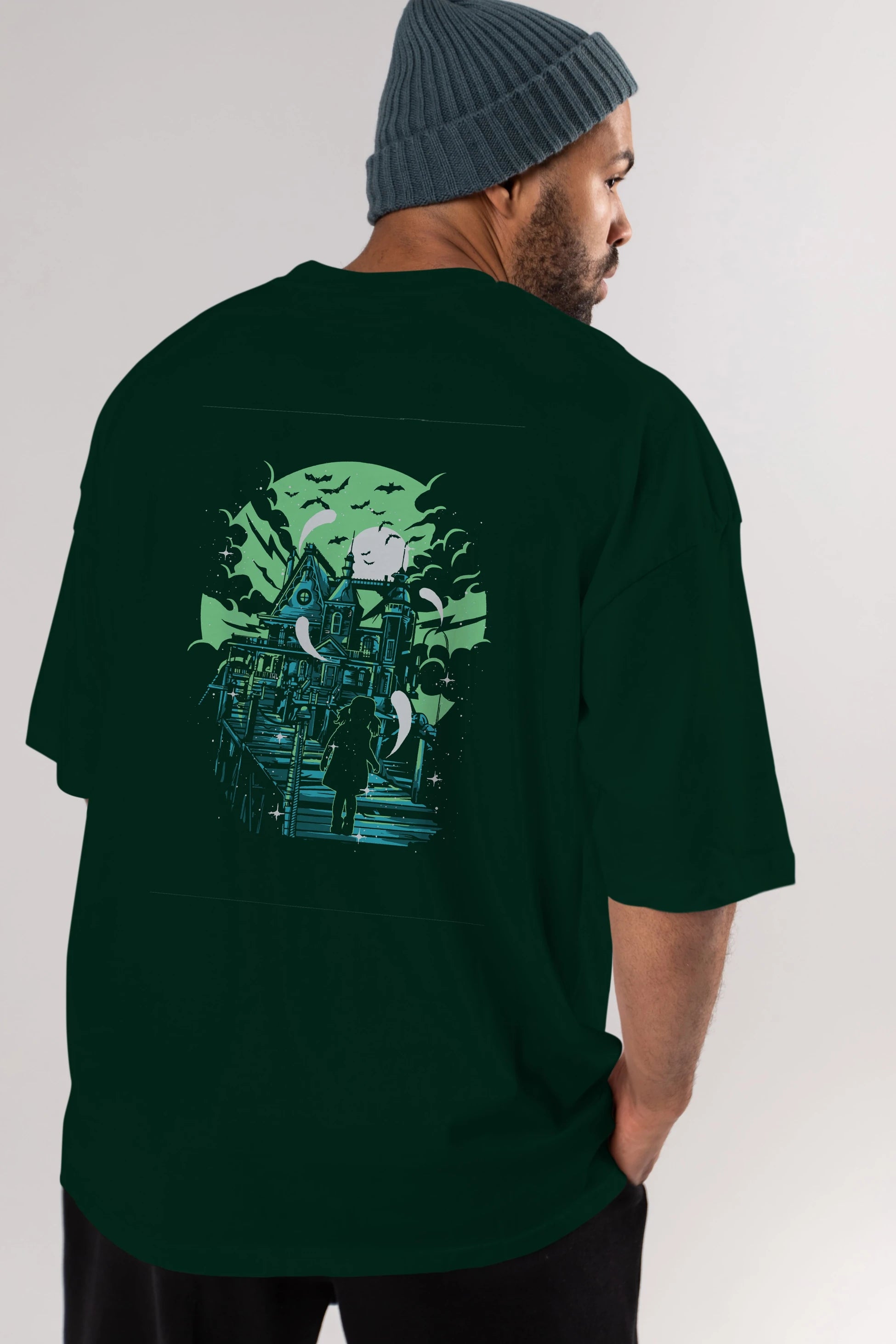 Haunted House Arka Baskılı Oversize t-shirt Erkek Kadın Unisex %100 Pamuk