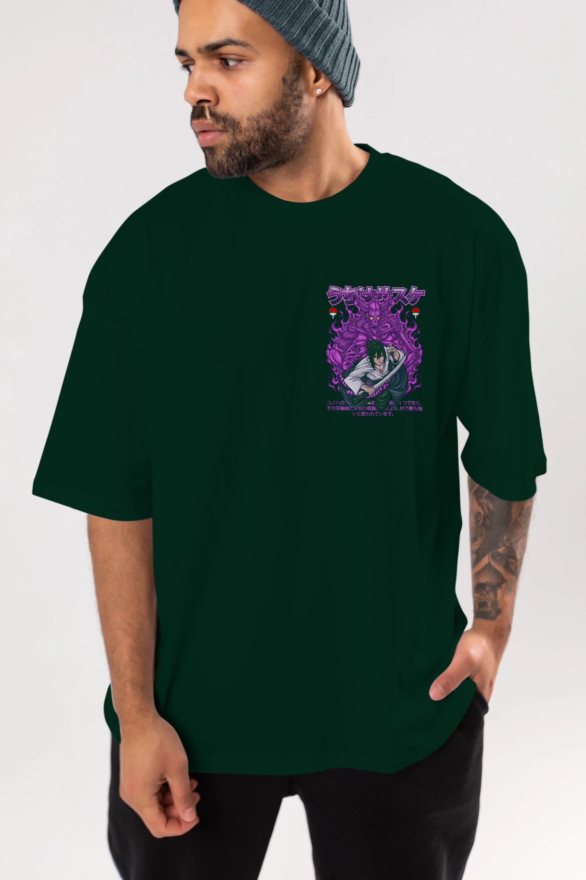 SASUKE UCHIHA NARUTO Ön Sol Baskılı Oversize t-shirt Erkek Kadın Unisex %100 Pamuk Bisiklet Yaka tişort