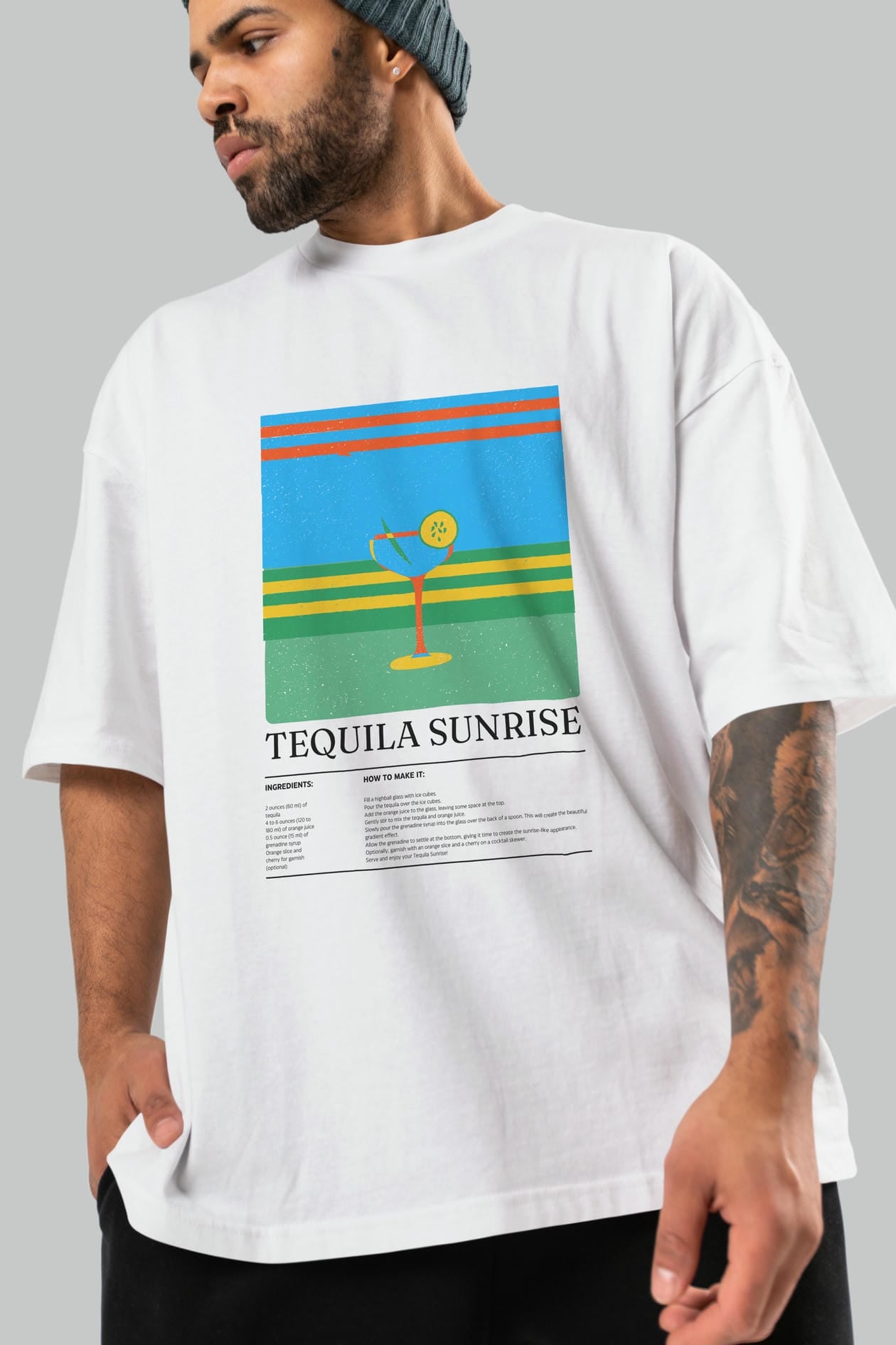 Tequila Sunrise Kokteyl Ön Baskılı Oversize t-shirt Erkek Kadın %100 Pamuk Bisiklet Yaka tişort