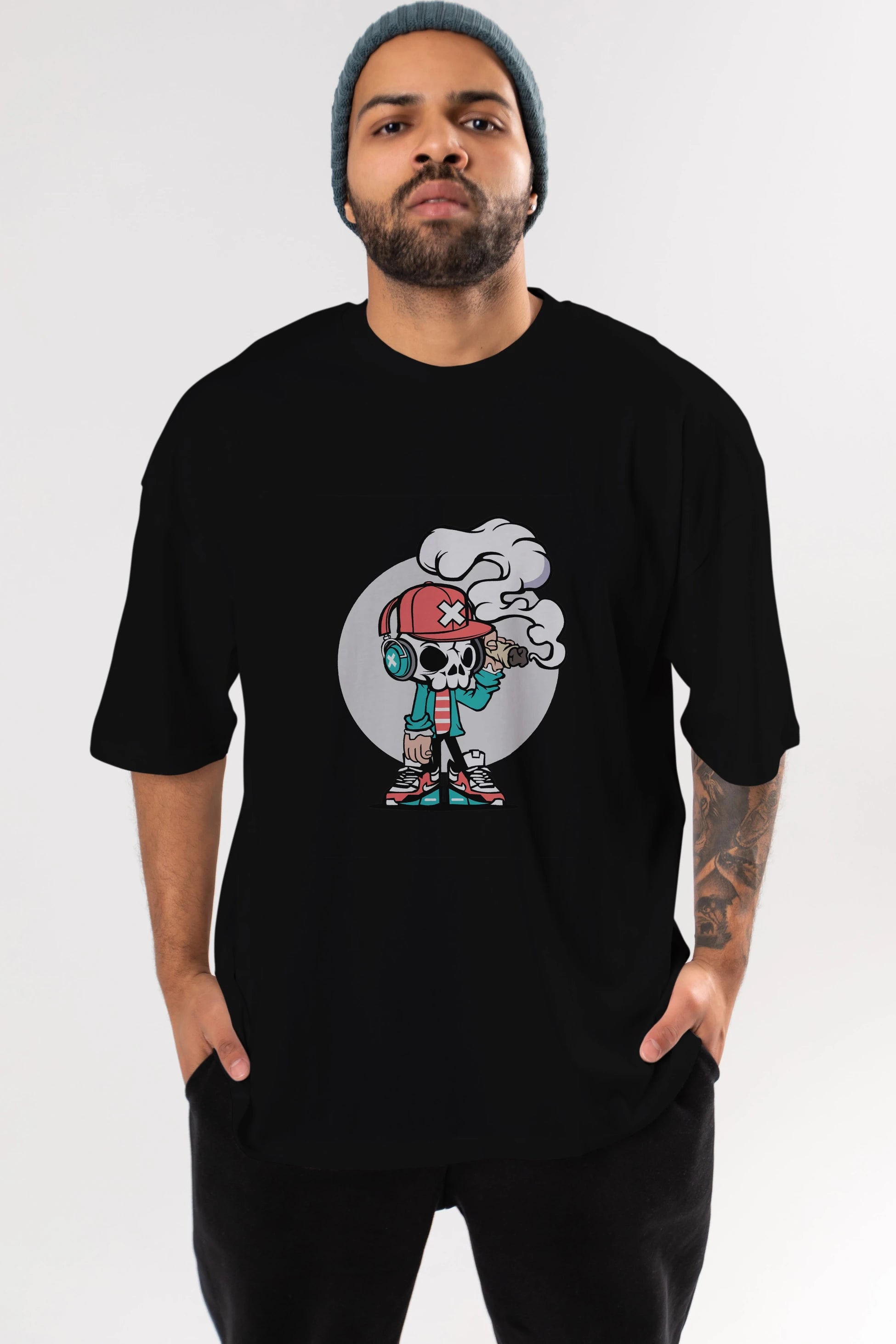 Skull Headphone Ön Baskılı Oversize t-shirt Erkek Kadın Unisex %100 Pamuk tişort