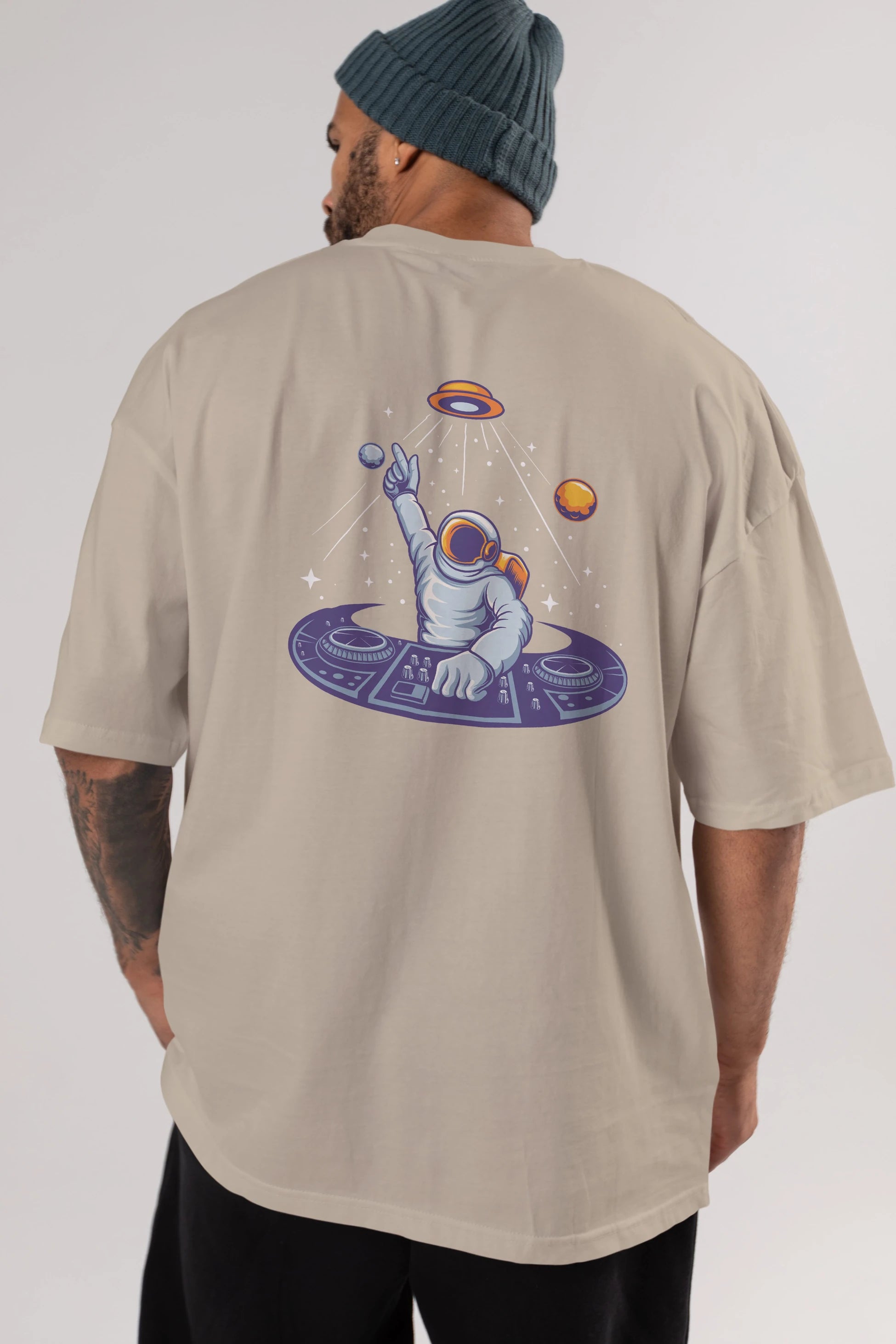 Astronaut Disk Jockey Party Arka Baskılı Oversize t-shirt Erkek Kadın Unisex
