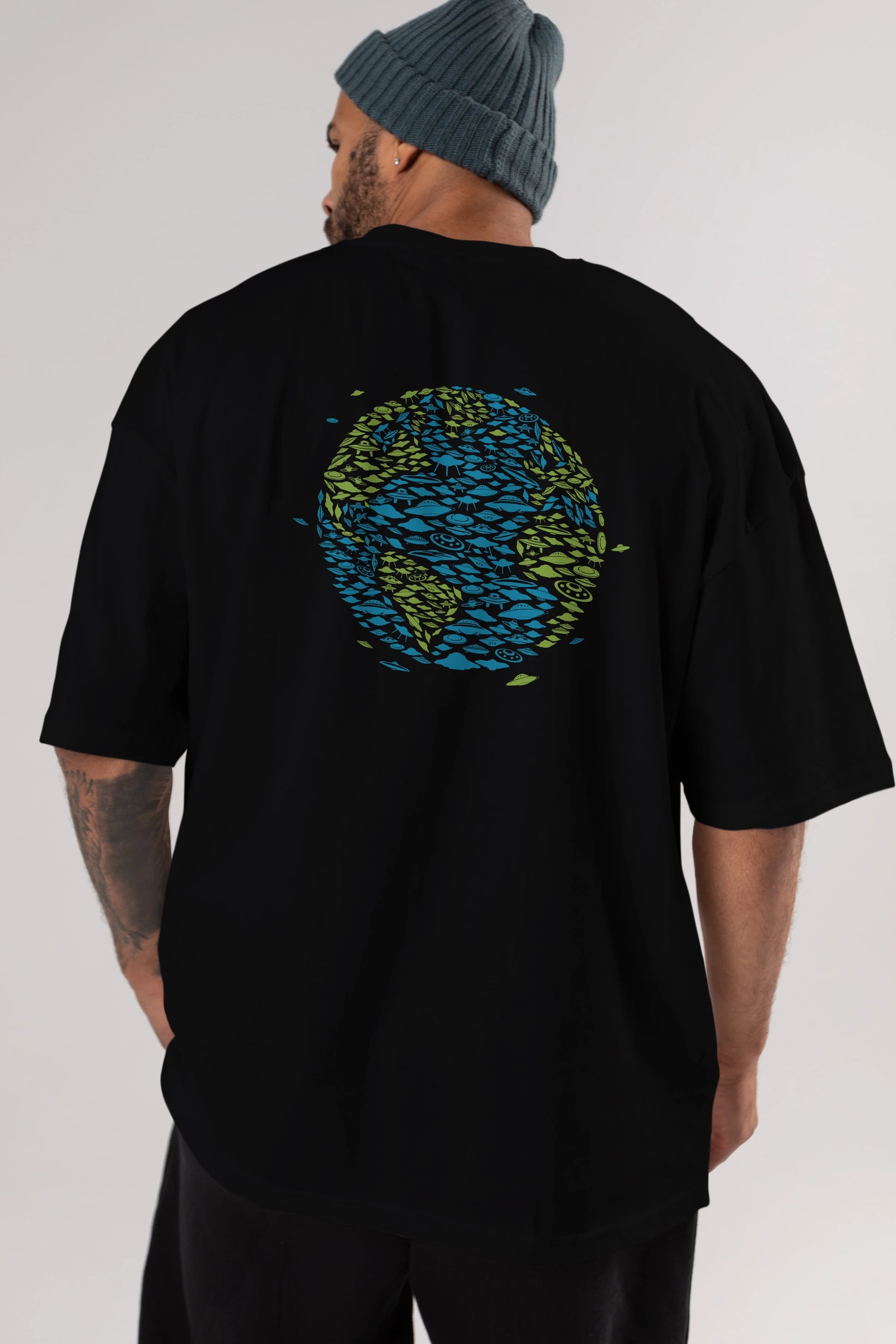 UFO Invasion Arka Baskılı Oversize t-shirt %100 pamuk Erkek Kadın Unisex