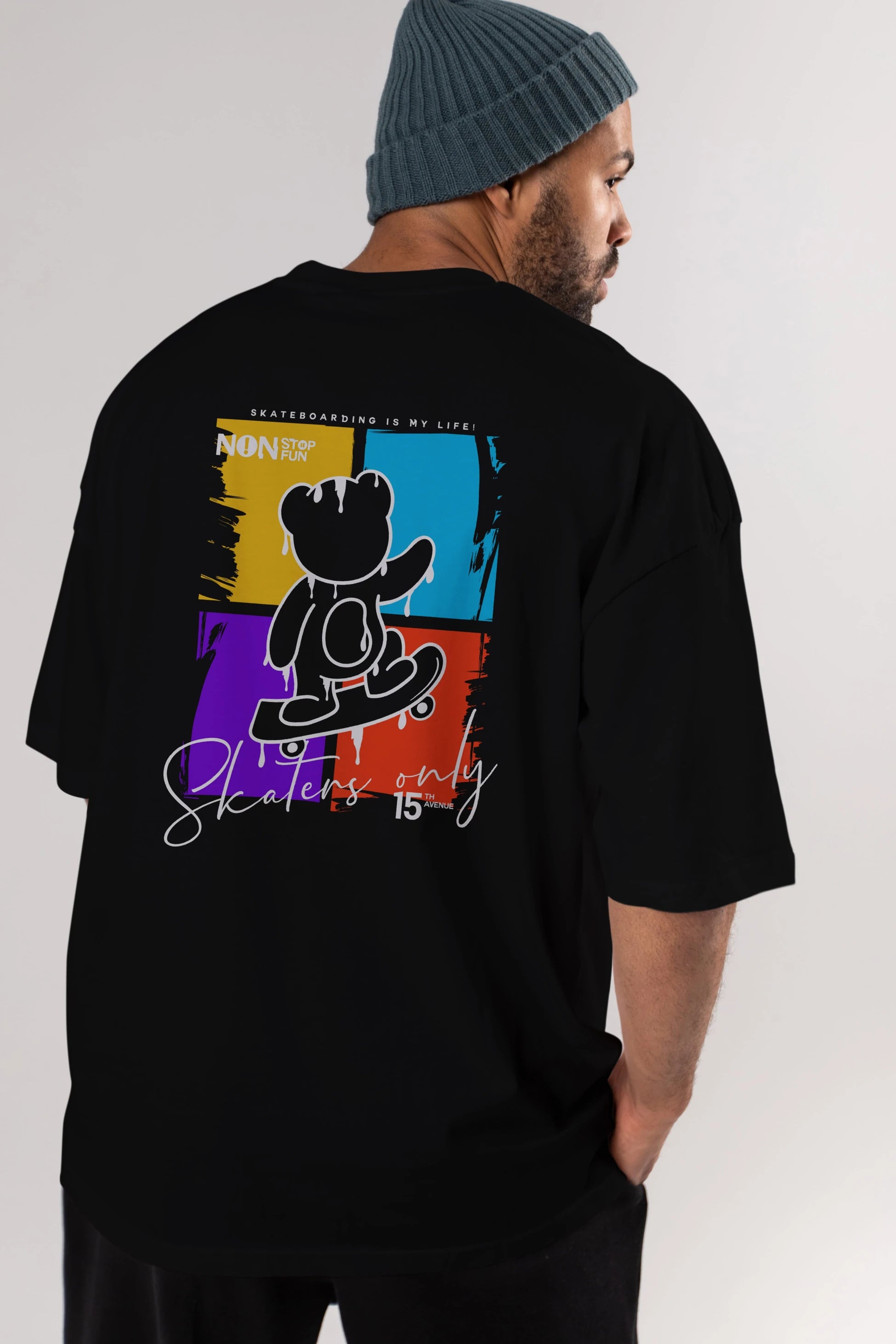 Skaters Only Bear Arka Baskılı Oversize t-shirt Erkek Kadın Unisex