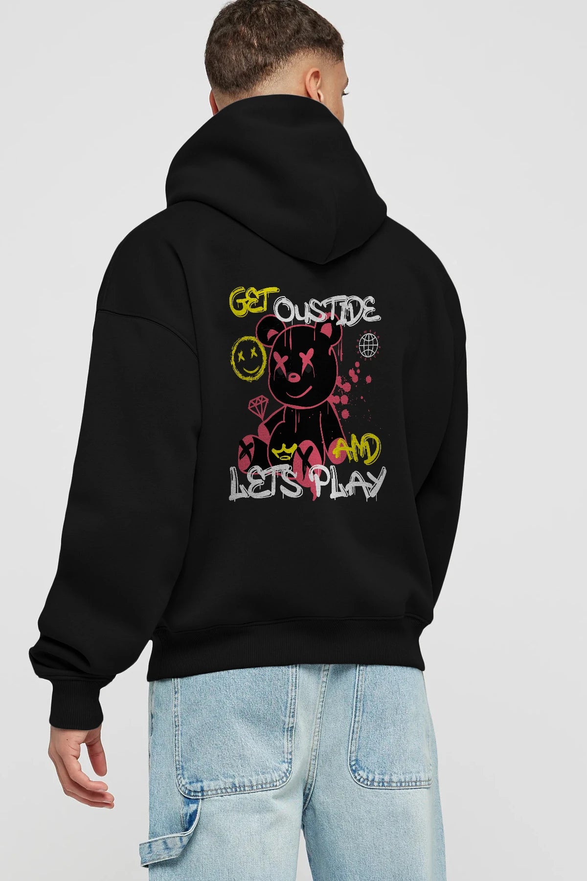 Get Outside Bear Arka Baskılı Hoodie Oversize Kapüşonlu Sweatshirt Erkek Kadın Unisex