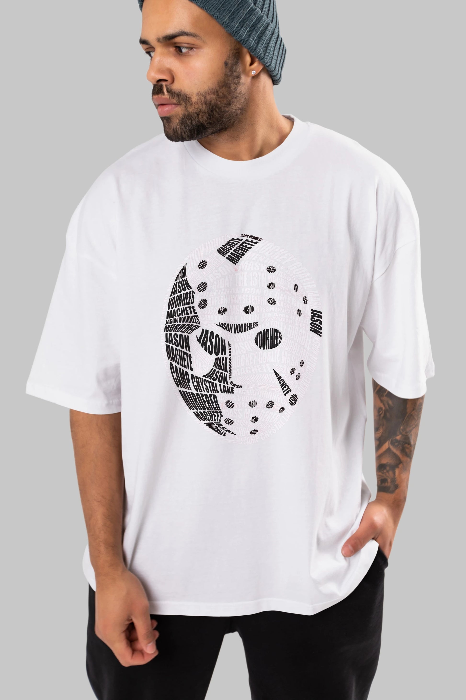 Jason Voorhees Calligram Ön Baskılı Oversize t-shirt %100 pamuk Erkek Kadın Unisex