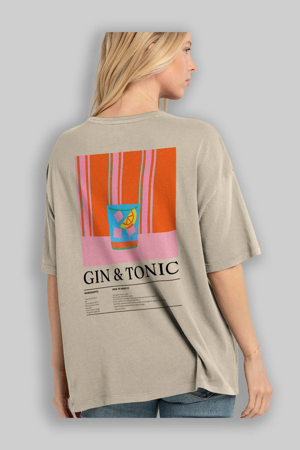 Gin Tonic Kokteyl Serisi Arka Baskılı Oversize t-shirt Erkek Kadın %100 Pamuk Bisiklet Yaka tişort