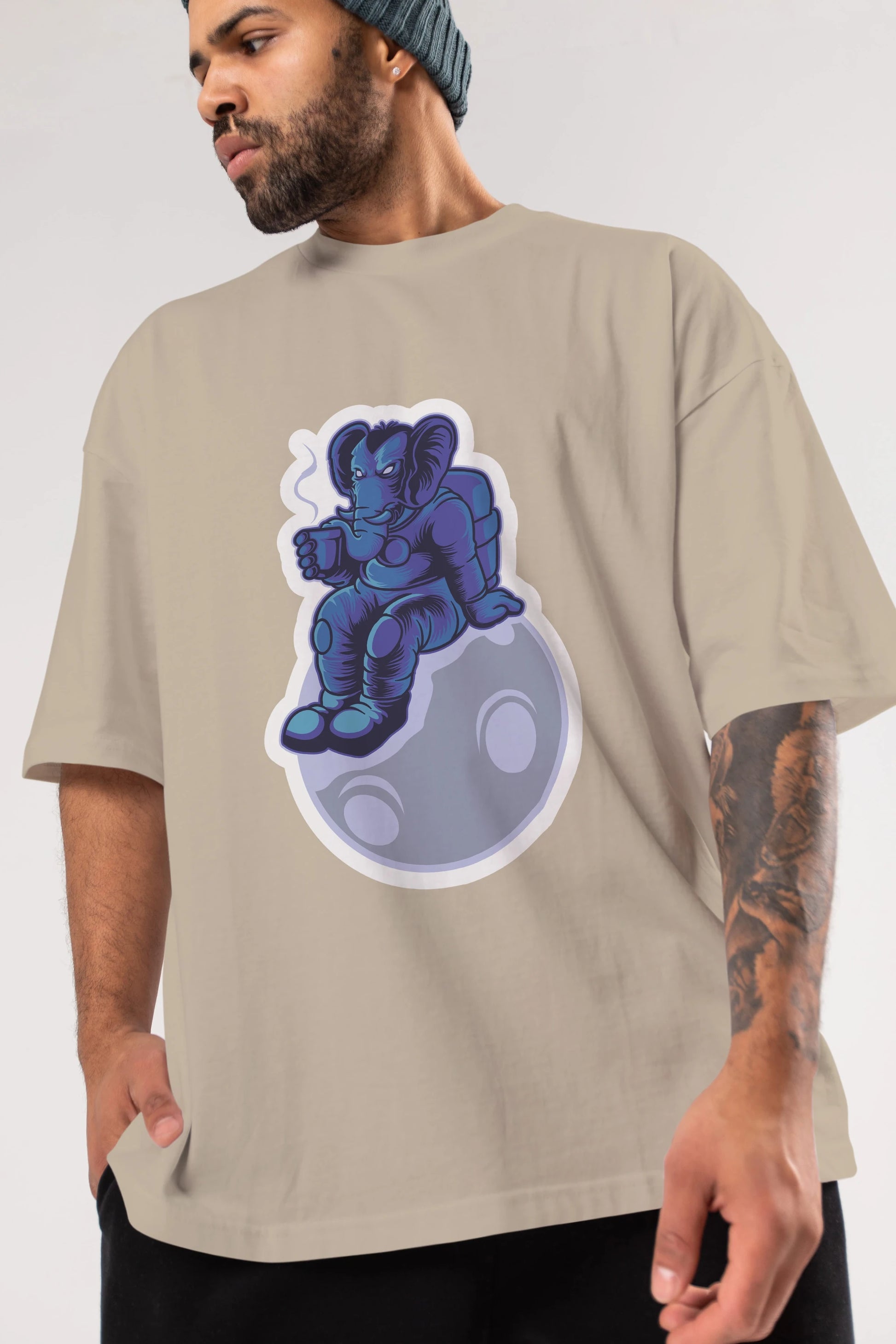 Space Elephant Drink Coffee Sticker Ön Baskılı Oversize t-shirt Erkek Kadın Unisex