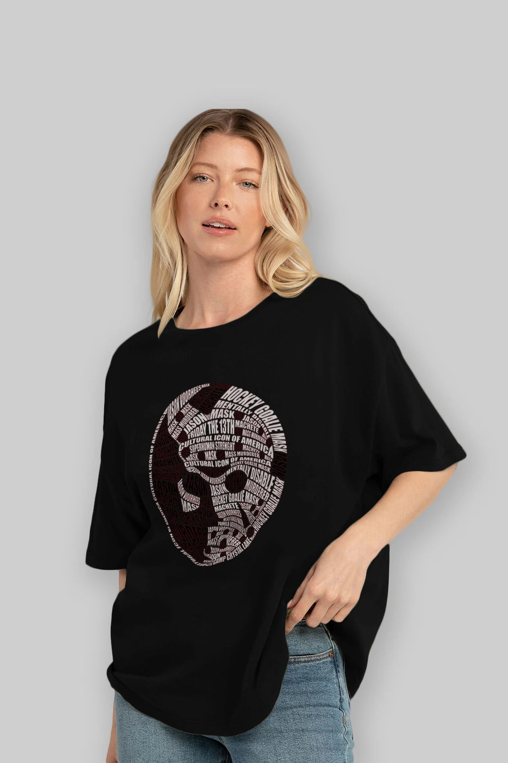 Jason Voorhees Calligram Ön Baskılı Oversize t-shirt %100 pamuk Erkek Kadın Unisex