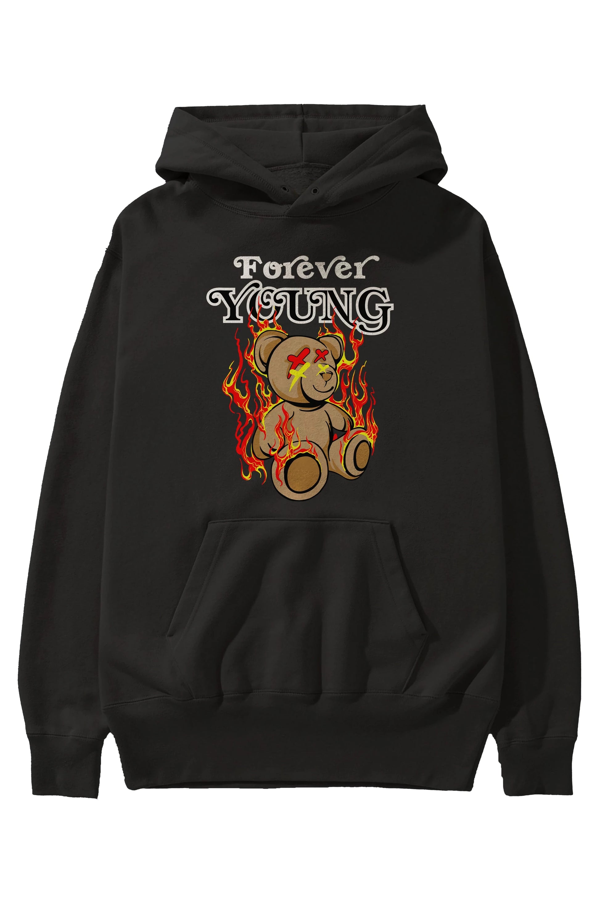 Forever Young Bear Ön Baskılı Hoodie Oversize Kapüşonlu Sweatshirt Erkek Kadın Unisex