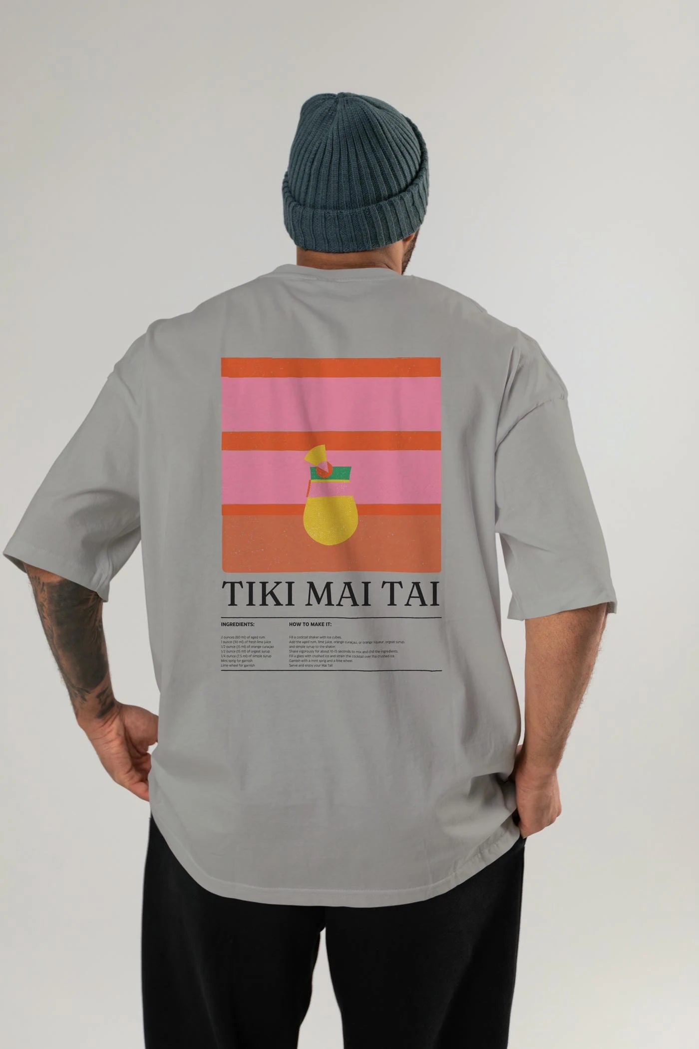 Tiki Mai Tai Kokteyl Serisi Arka Baskılı Oversize t-shirt Erkek Kadın %100 Pamuk Bisiklet Yaka tişort