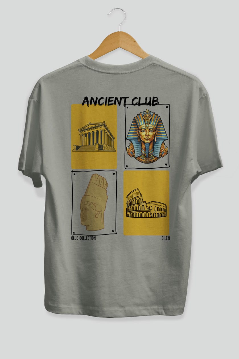 Ancient Club Arka Baskılı Oversize t-shirt Erkek Kadın %100 Pamuk Bisiklet Yaka tişort