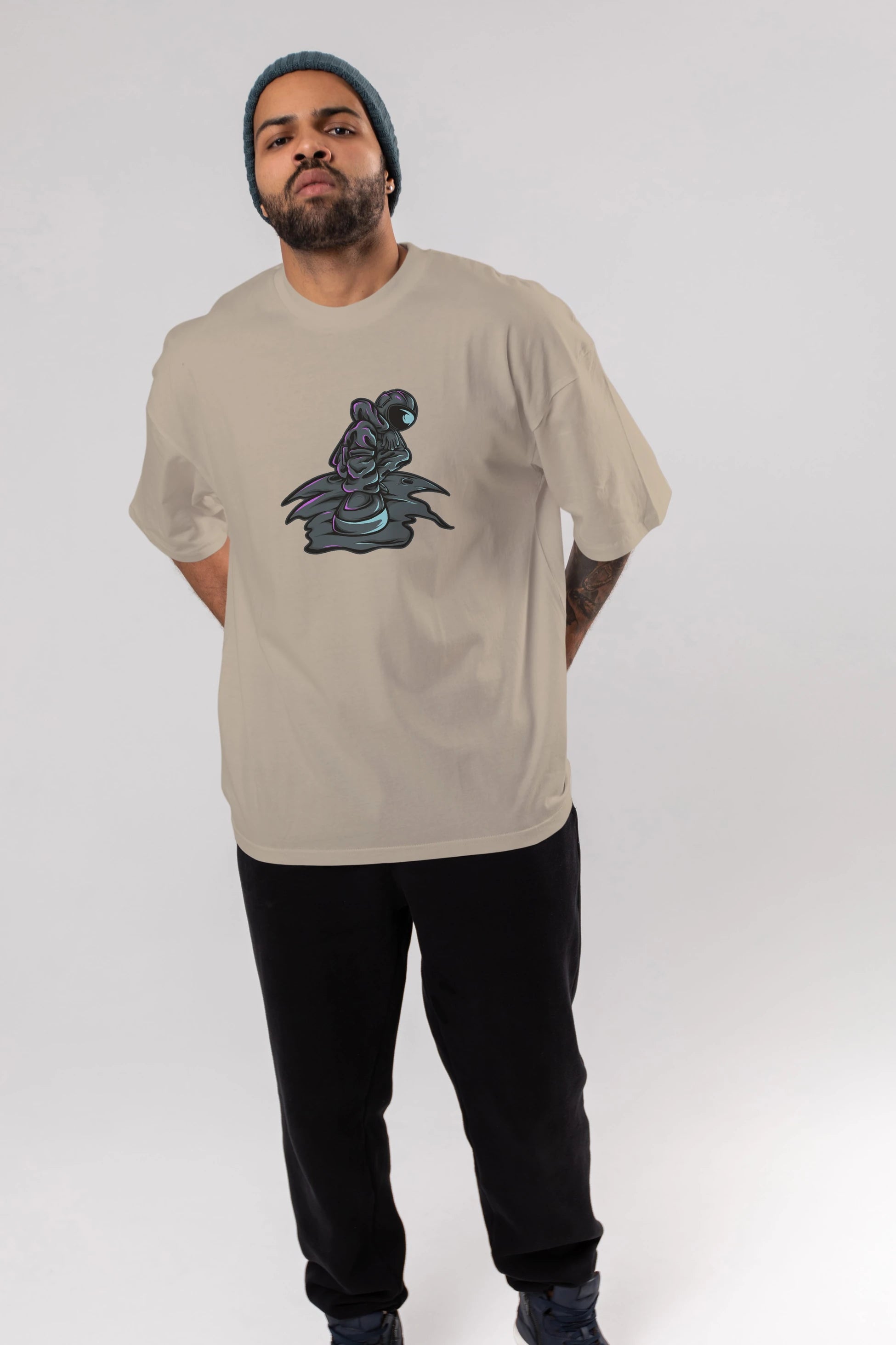 Stylish Astronaut Ön Baskılı Oversize t-shirt Erkek Kadın Unisex