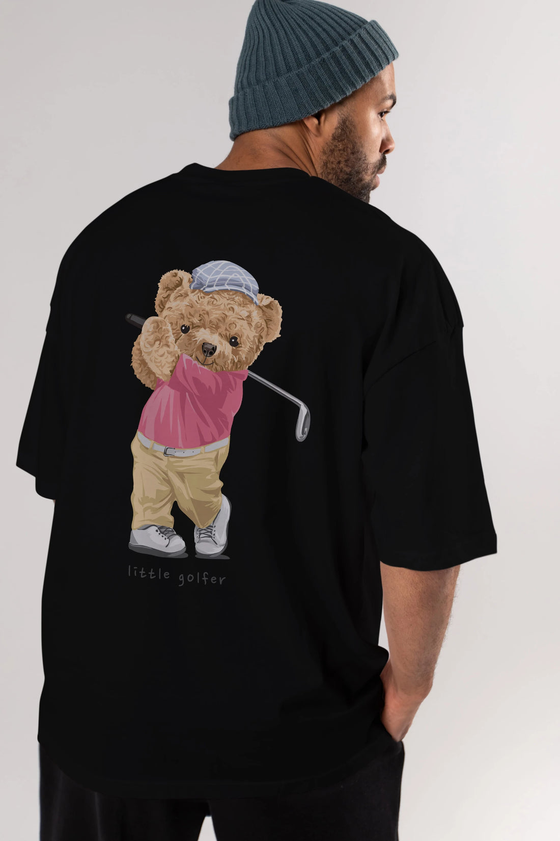 Teddy Bear Little Golfer Arka Baskılı Oversize t-shirt Erkek Kadın Unisex %100 Pamuk