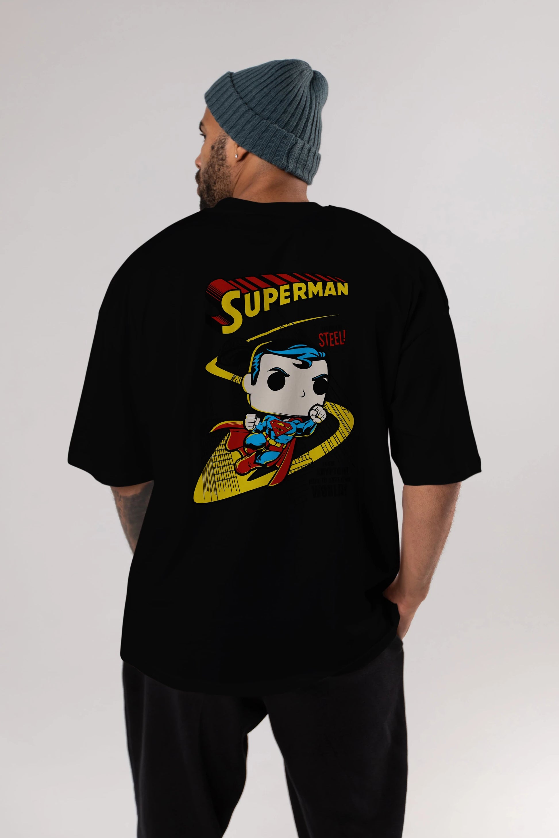 Superman (2) Arka Baskılı Oversize t-shirt Erkek Kadın Unisex %100 Pamuk Bisiklet Yaka tişort