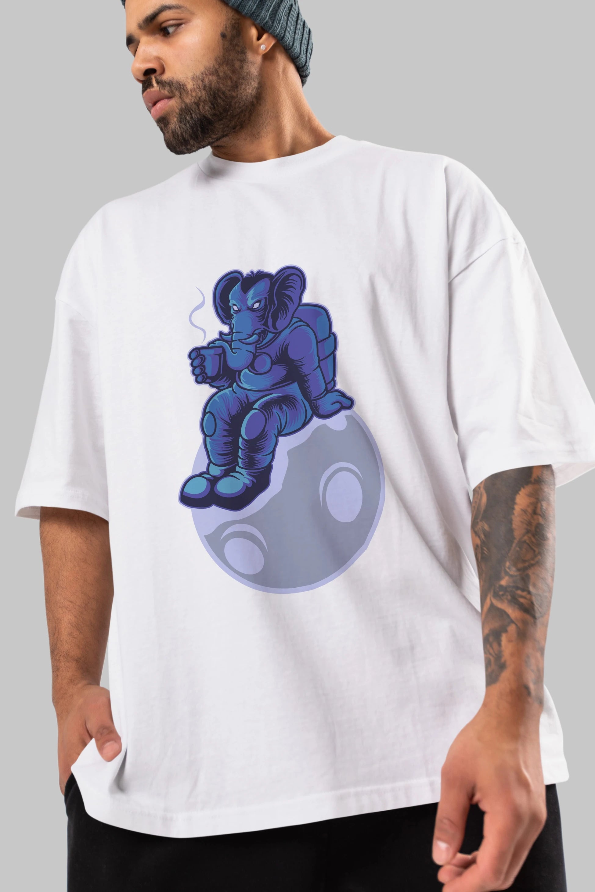 Space Elephant Drink Coffee Ön Baskılı Oversize t-shirt Erkek Kadın Unisex
