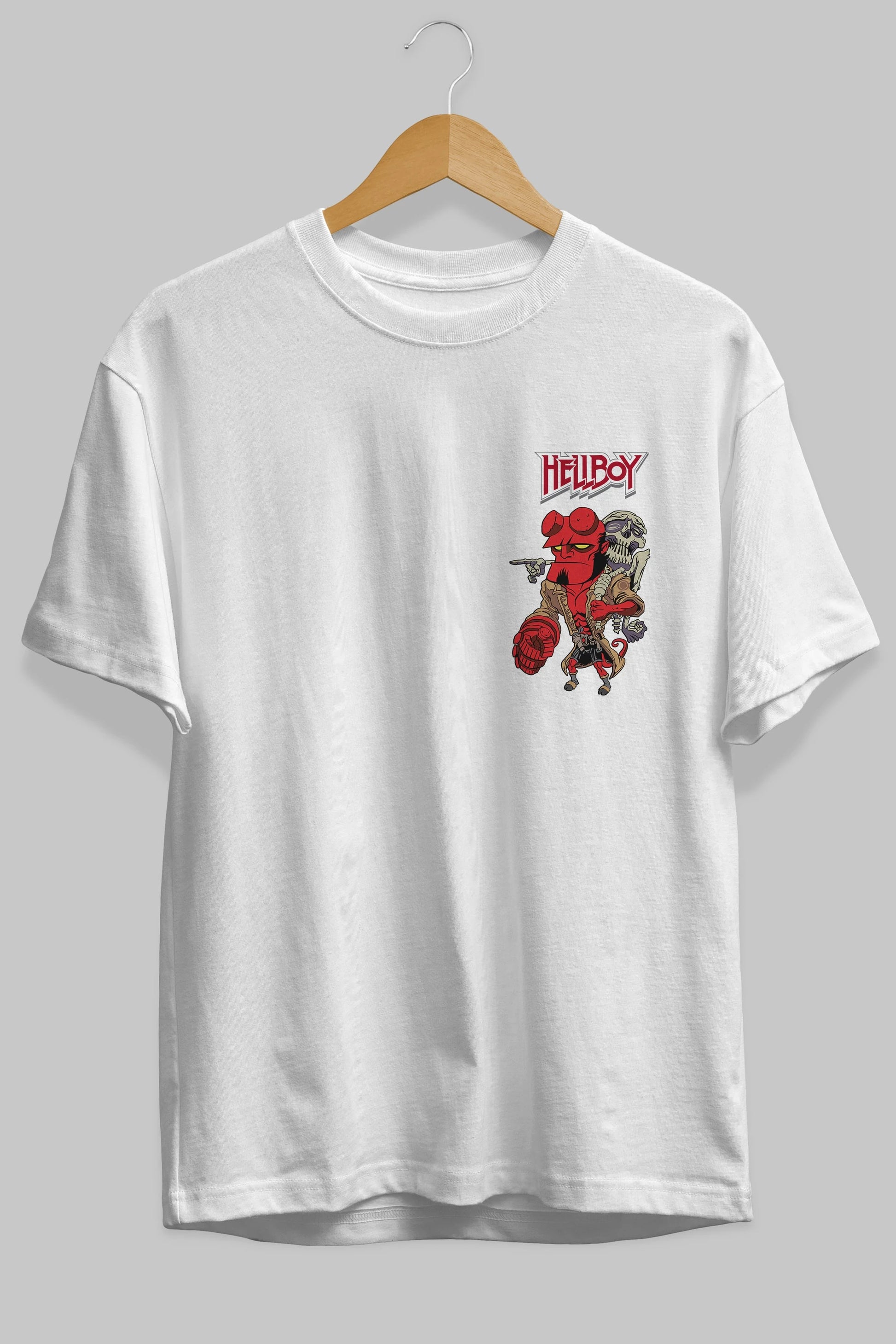 Hellboy (2) Ön Sol Baskılı Oversize t-shirt Erkek Kadın Unisex %100 Pamuk Bisiklet Yaka tişort