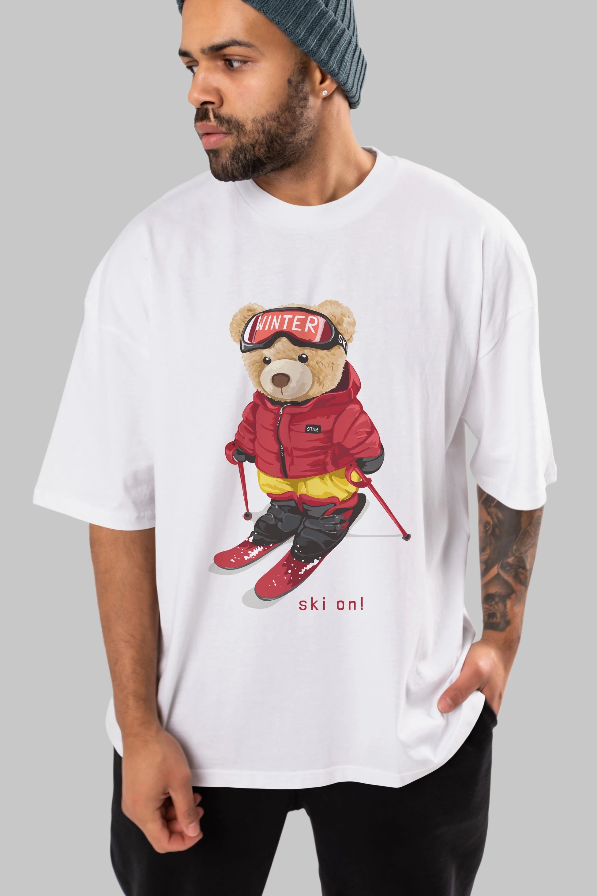 Teddy Bear Ski On Ön Baskılı Oversize t-shirt Erkek Kadın Unisex %100 Pamuk