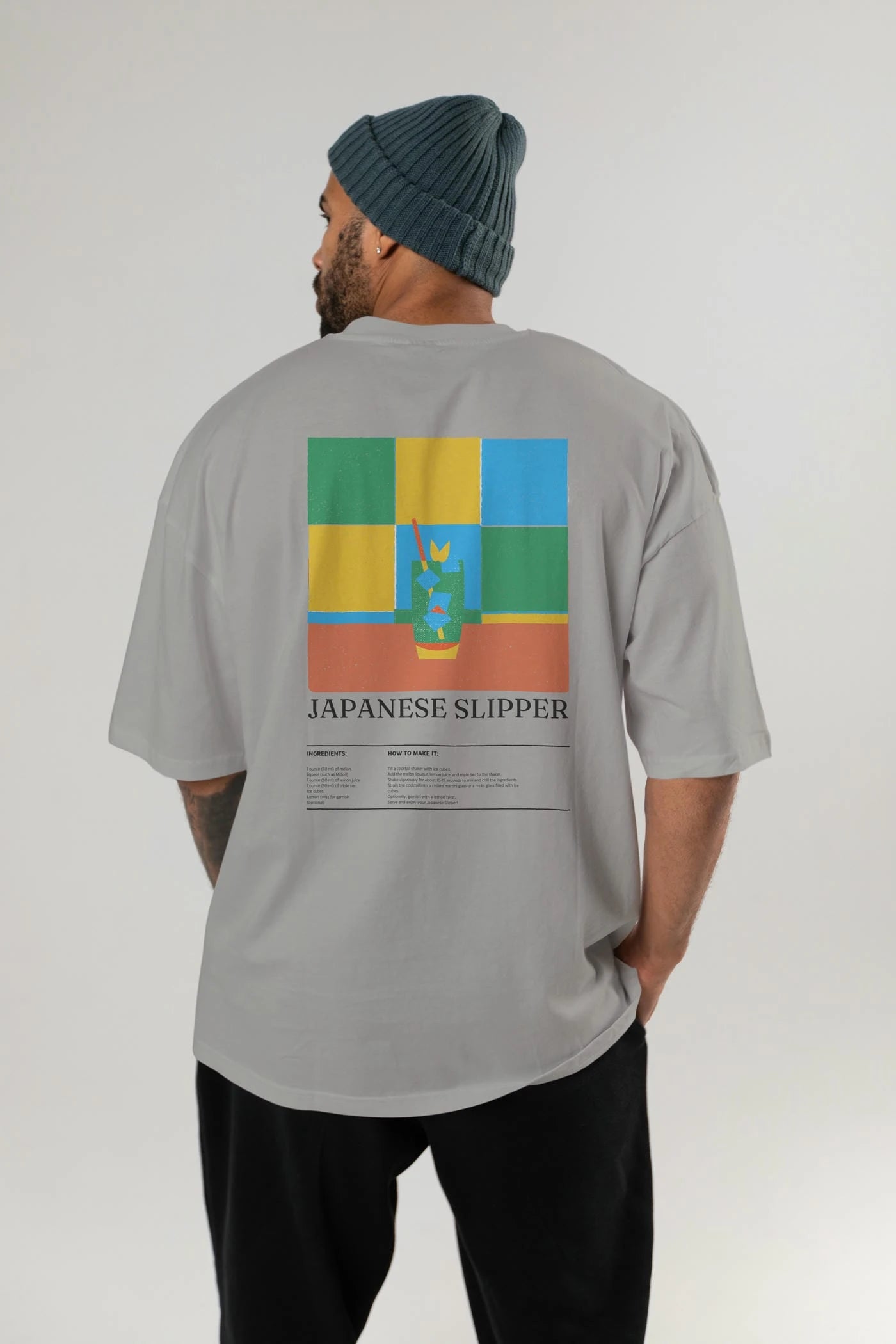 Japanese Slipper Kokteyl Serisi Arka Baskılı Oversize t-shirt Erkek Kadın %100 Pamuk Bisiklet Yaka tişort