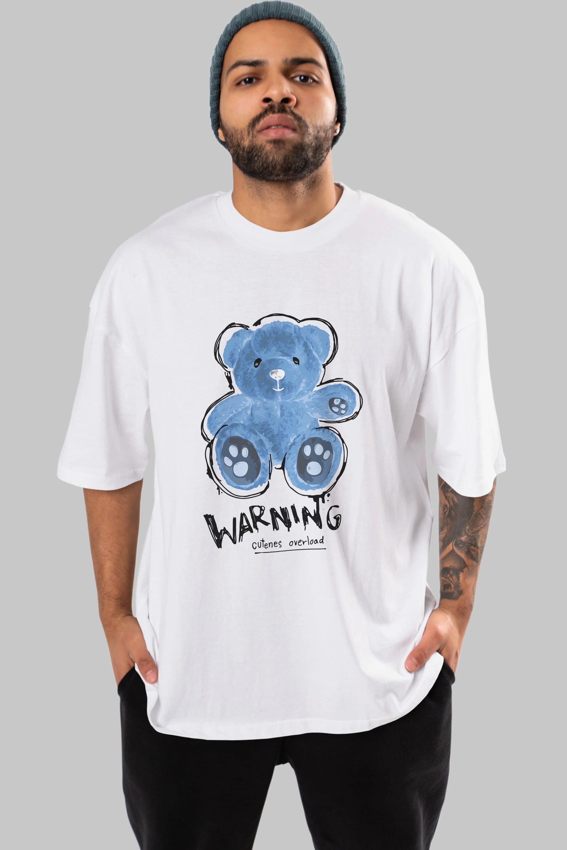 Warning Cuteness Bear Ön Baskılı Oversize t-shirt Erkek Kadın Unisex