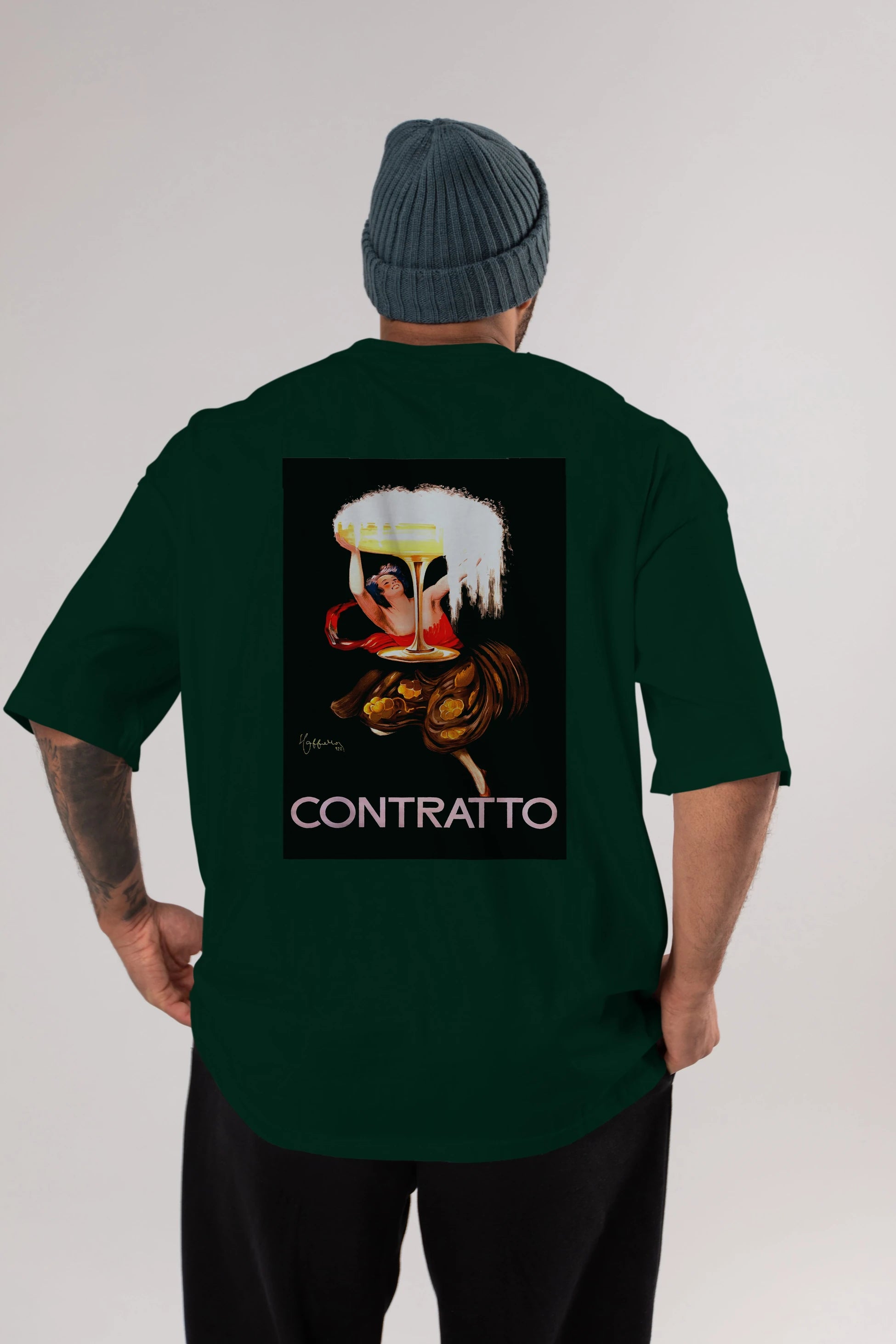 Contratto Arka Baskılı Oversize t-shirt Erkek Kadın Unisex %100 Pamuk Bisiklet Yaka tişort