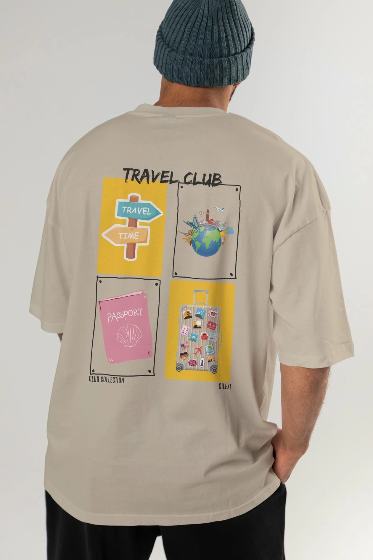 Travel Club Arka Baskılı Oversize t-shirt Erkek Kadın %100 Pamuk Bisiklet Yaka tişort