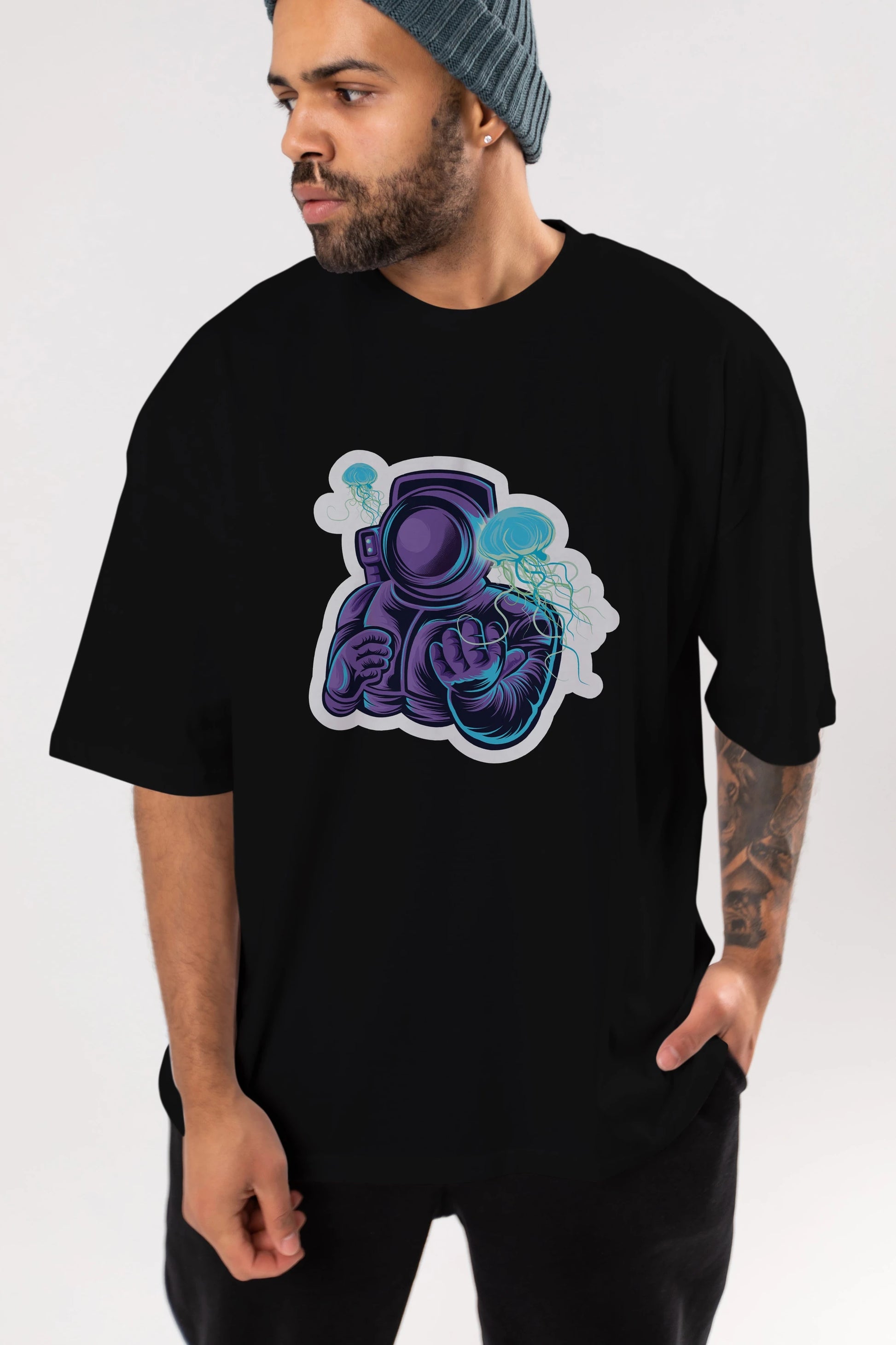 Astronaut and Jellyfish Sticker Ön Baskılı Oversize t-shirt Erkek Kadın Unisex