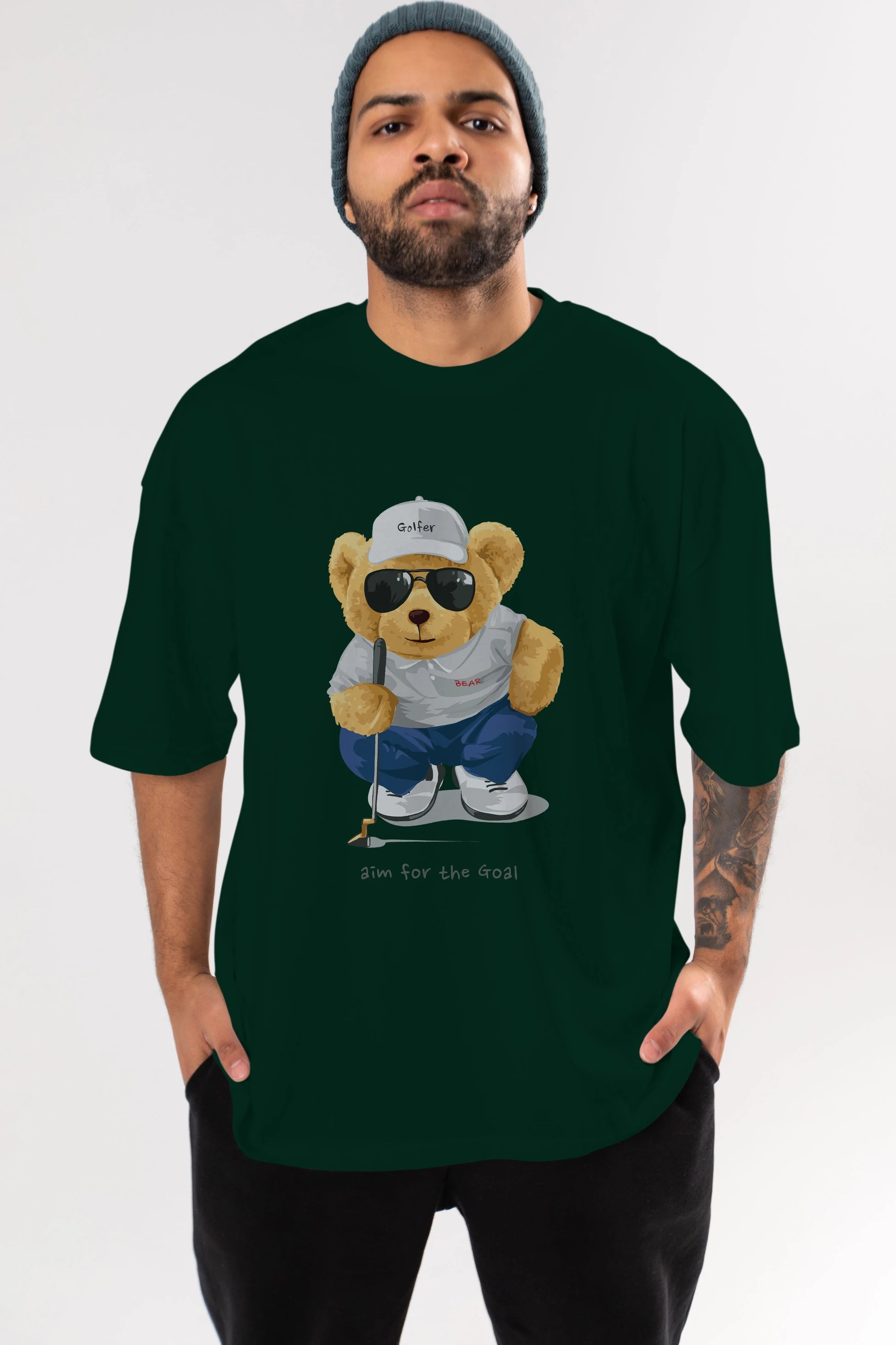 Teddy Bear Golfer Ön Baskılı Oversize t-shirt Erkek Kadın Unisex %100 Pamuk