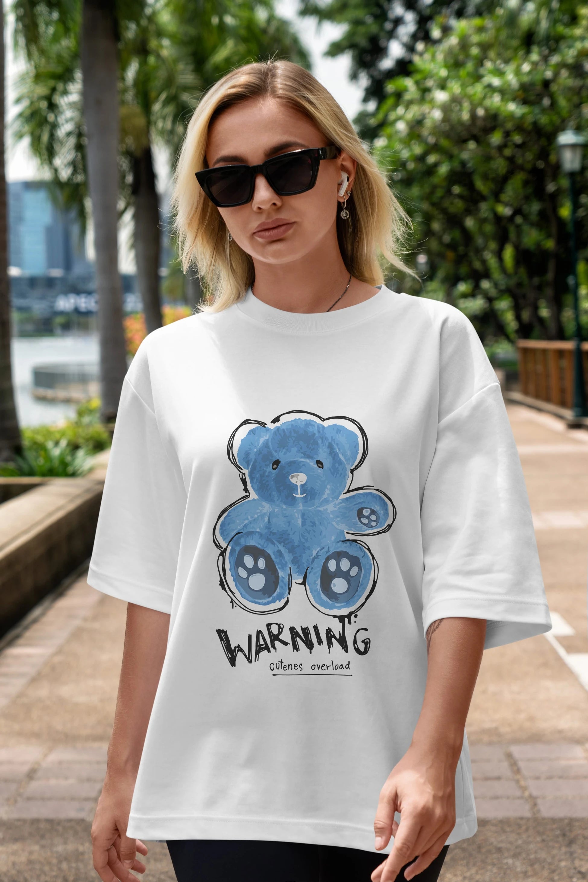 Warning Cuteness Bear Ön Baskılı Oversize t-shirt Erkek Kadın Unisex