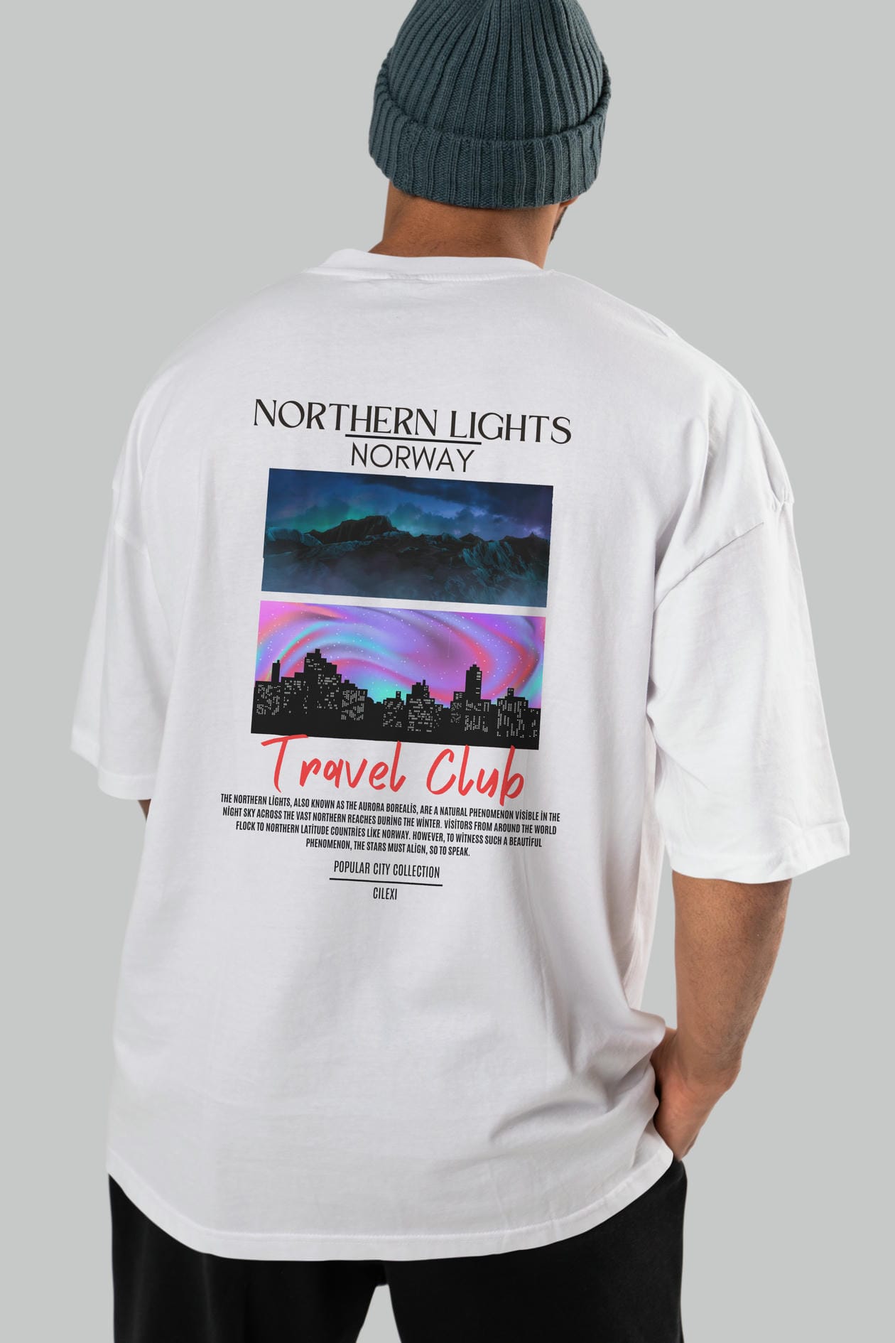 Northern Lights Norway Arka Baskılı Oversize t-shirt Erkek Kadın Pamuk Bisiklet Yaka tişort
