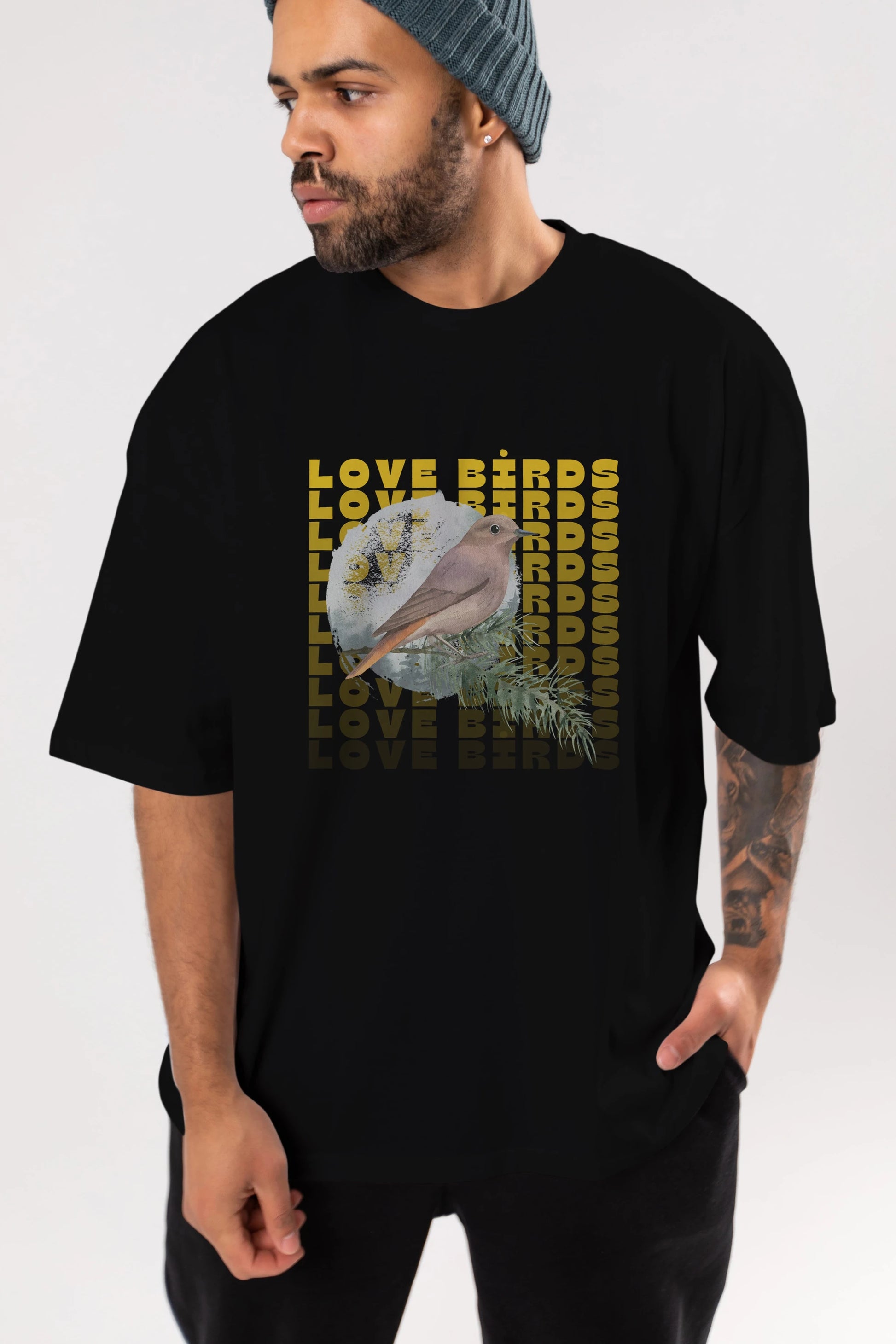 Love Birds Yazılı Ön Baskılı Oversize t-shirt Erkek Kadın Unisex