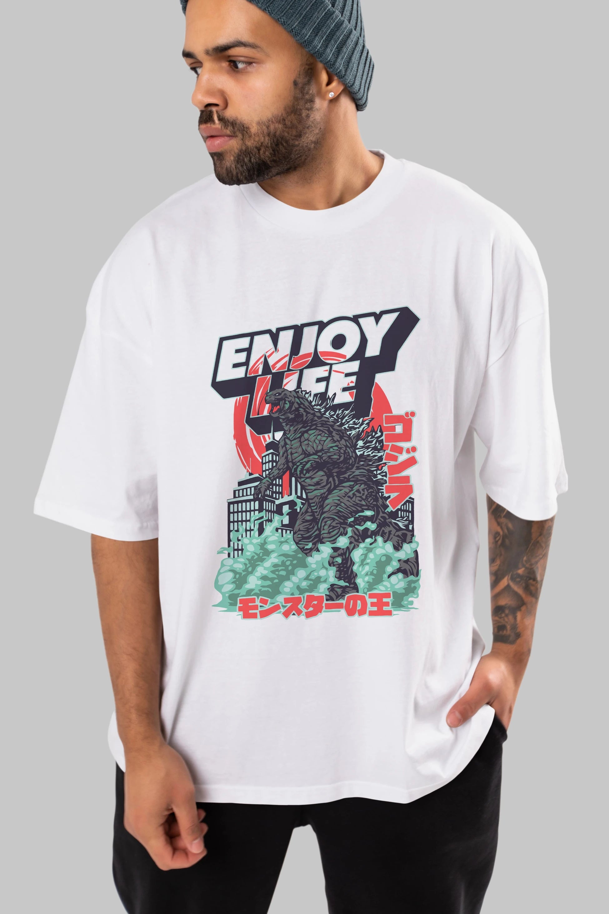 Godzilla Ön Baskılı Oversize t-shirt Erkek Kadın Unisex %100 Pamuk Bisiklet Yaka tişort