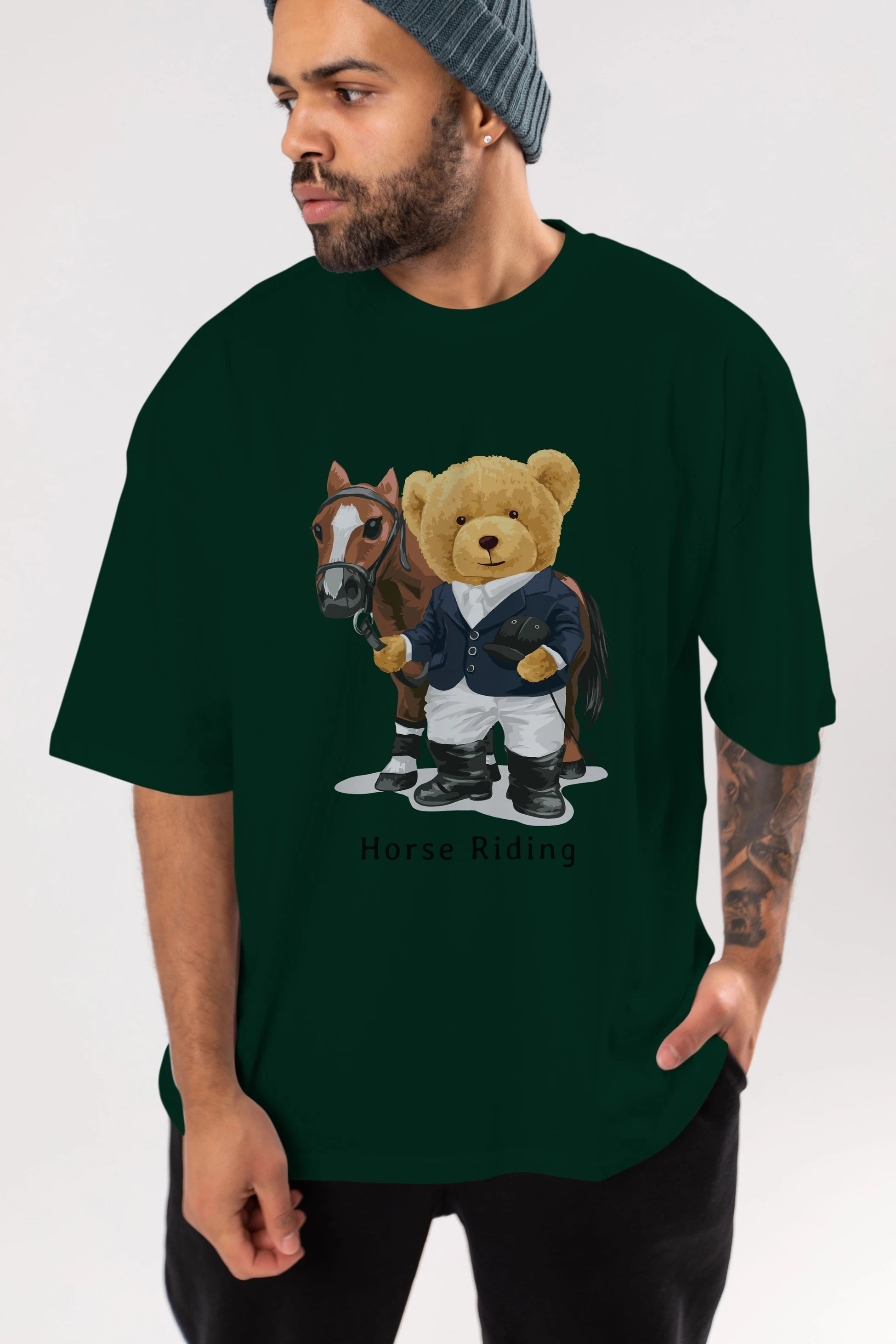 Teddy Bear Horse Riding Ön Baskılı Oversize t-shirt Erkek Kadın Unisex %100 Pamuk