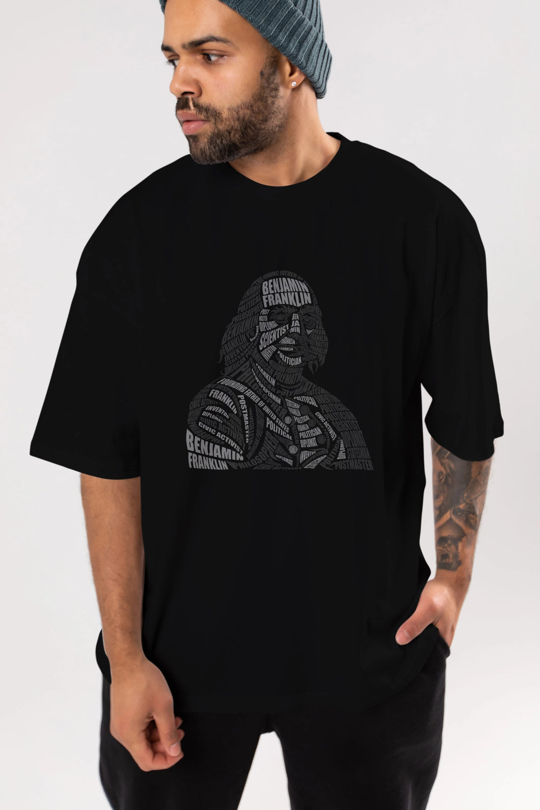 Benjamin Franklin Calligram Ön Baskılı Oversize t-shirt %100 pamuk Erkek Kadın Unisex