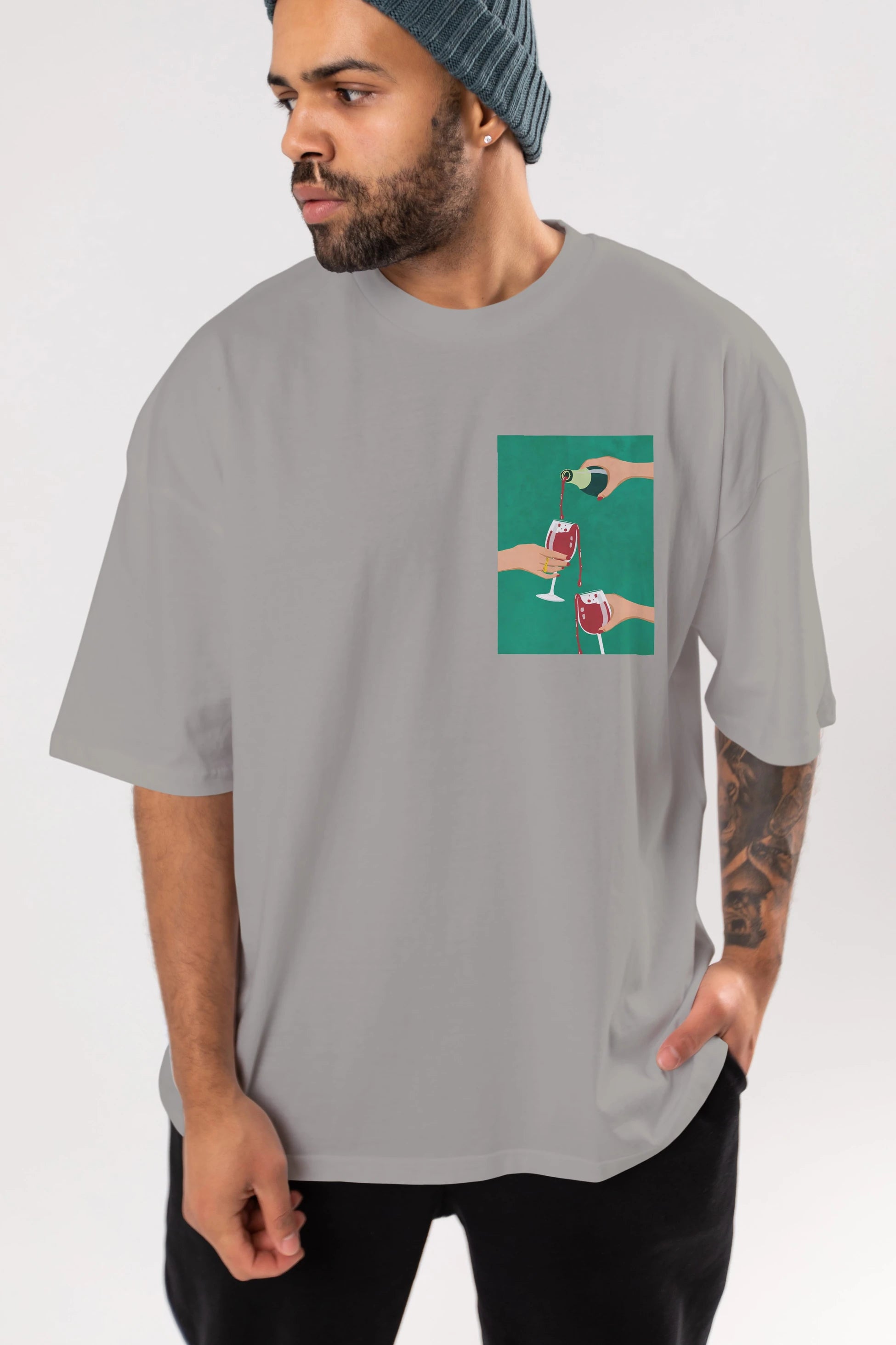 Wine 2 Ön Sol Baskılı Oversize t-shirt Erkek Kadın Unisex %100 Pamuk Bisiklet Yaka tişort