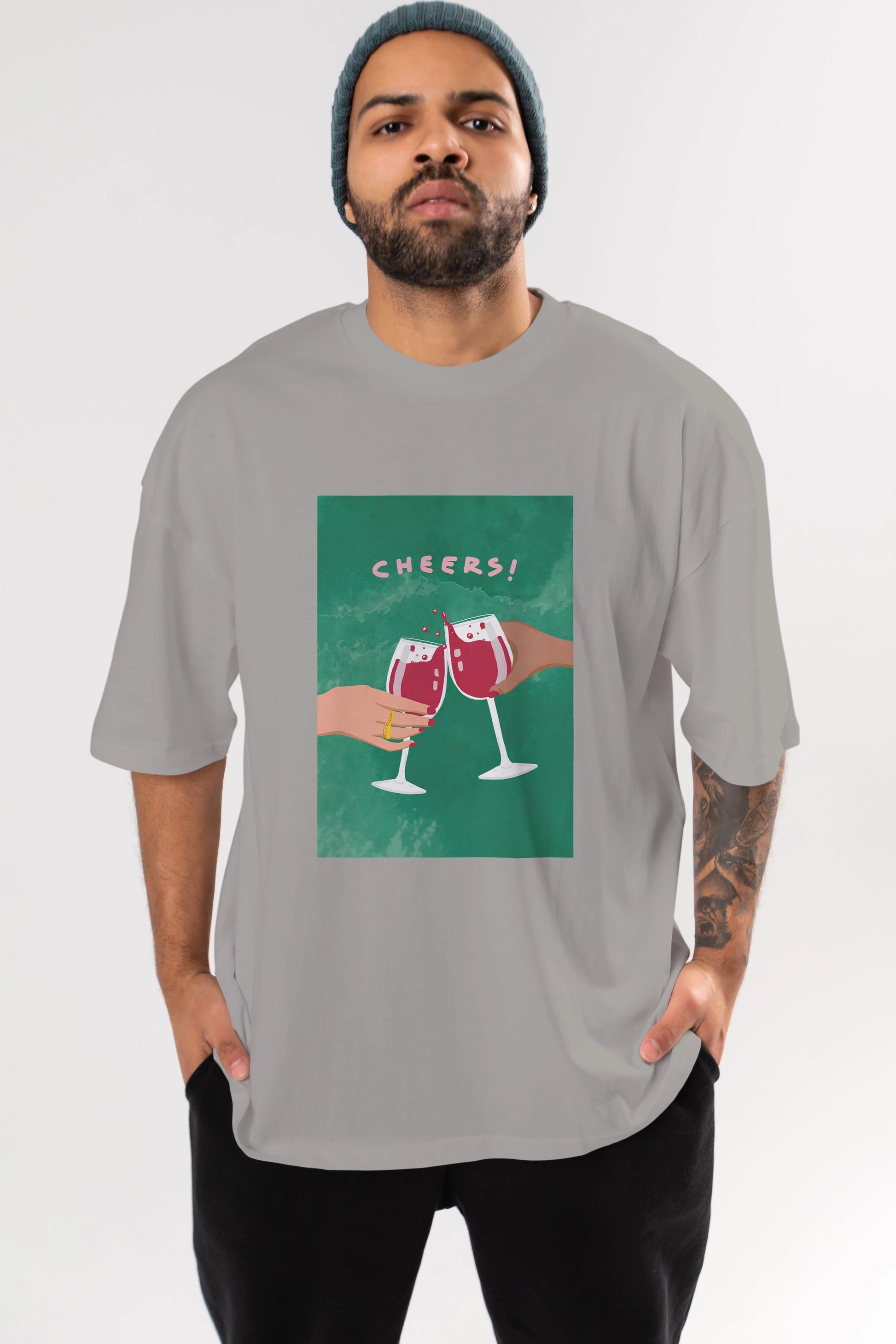 Cheers Ön Baskılı Oversize t-shirt Erkek Kadın Unisex %100 Pamuk Bisiklet Yaka tişort