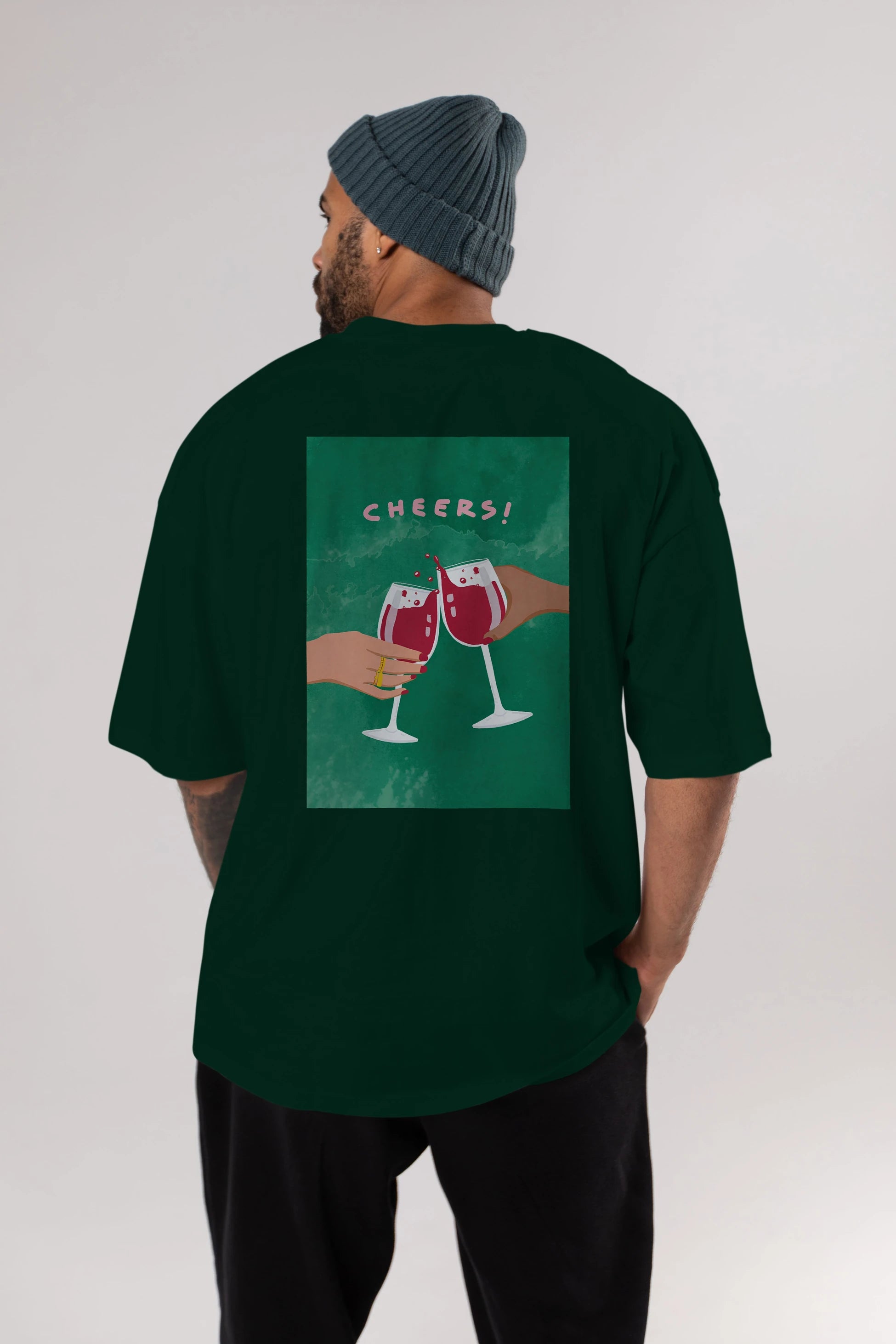 Cheers Arka Baskılı Oversize t-shirt Erkek Kadın Unisex %100 Pamuk Bisiklet Yaka tişort