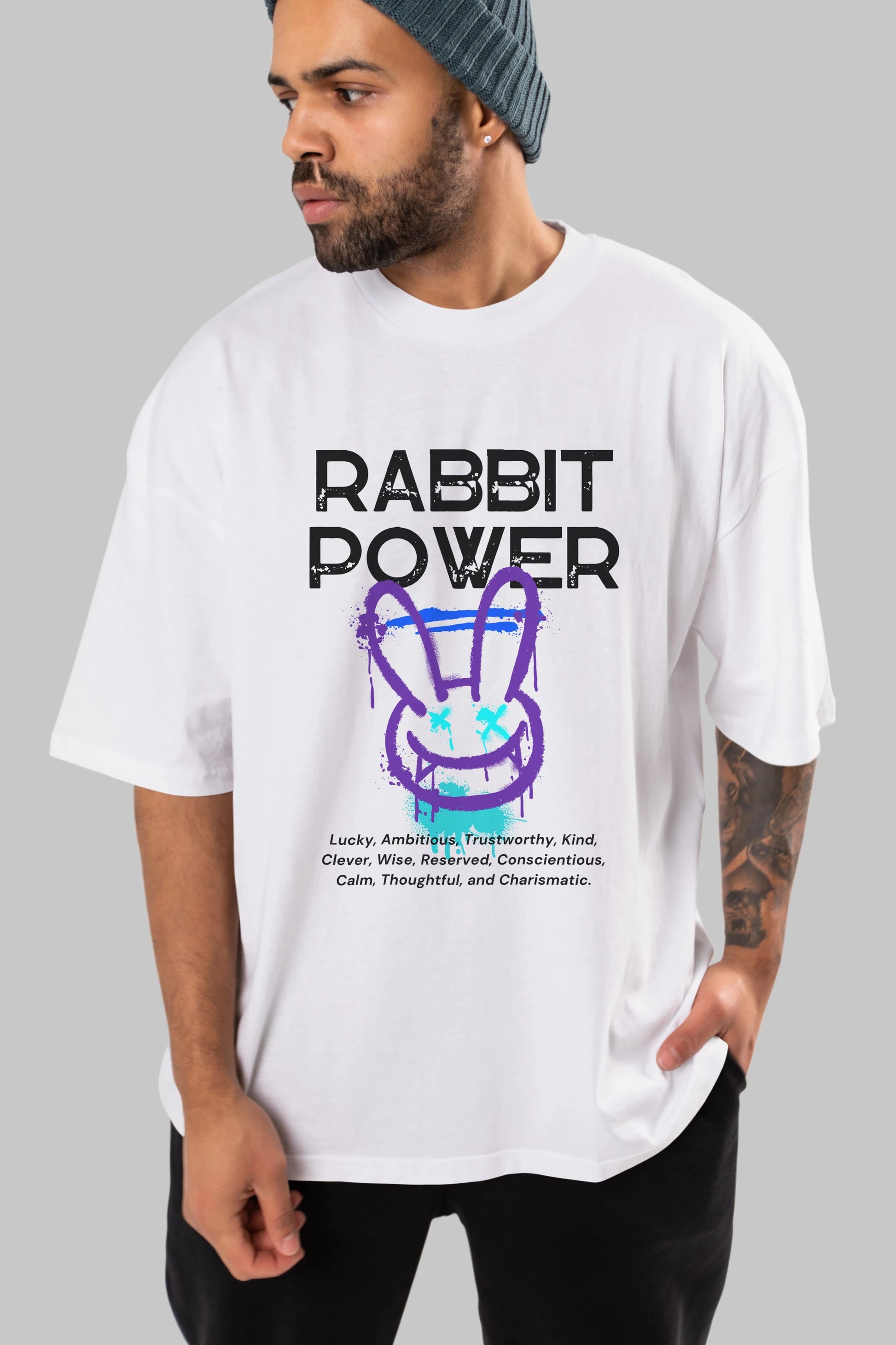 Rabbit Power Yazılı Ön Baskılı Oversize t-shirt Erkek Kadın Unisex