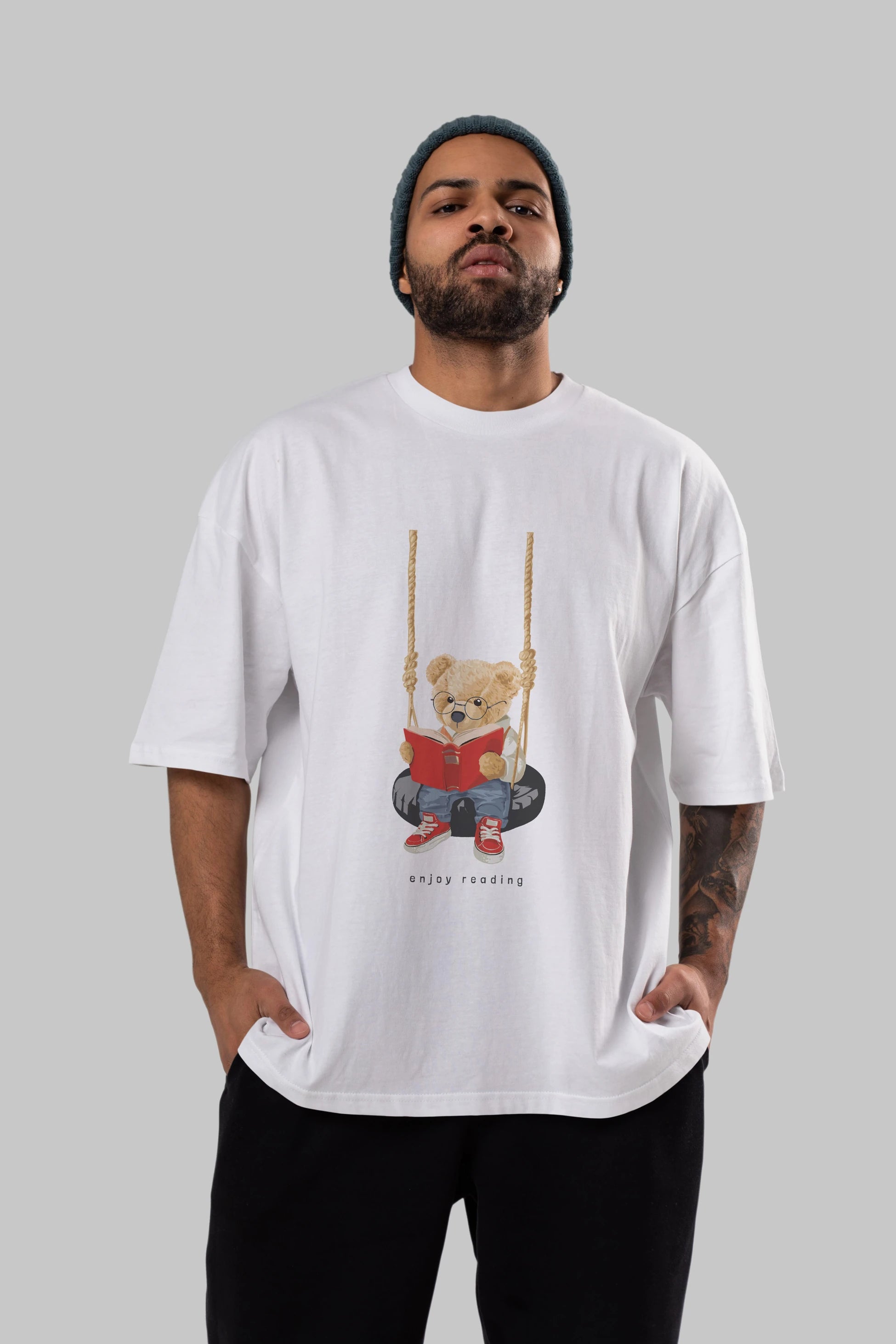 Teddy Bear Enjoy Reading Ön Baskılı Oversize t-shirt Erkek Kadın Unisex %100 Pamuk