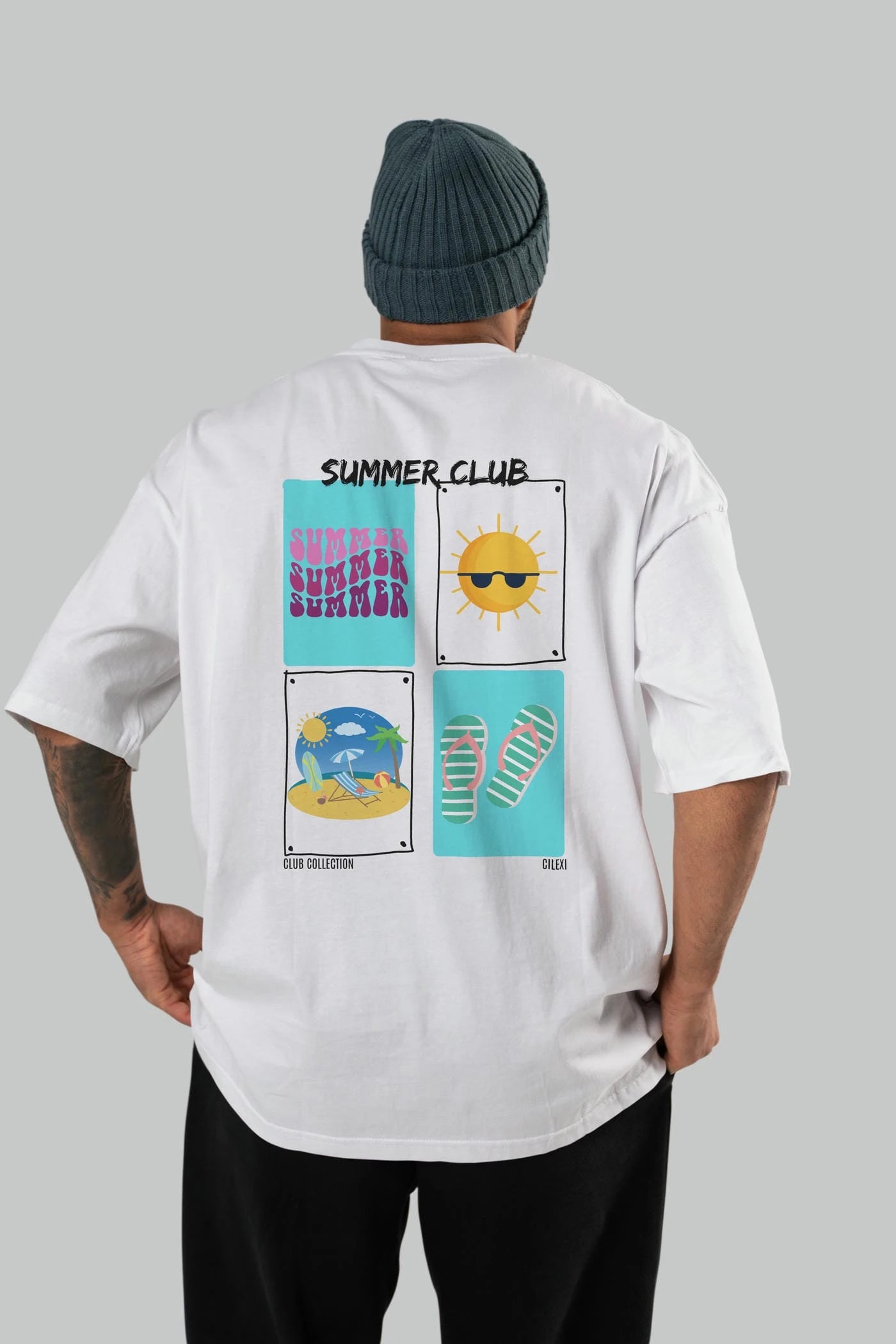 Summer Club Arka Baskılı Oversize t-shirt Erkek Kadın %100 Pamuk Bisiklet Yaka tişort