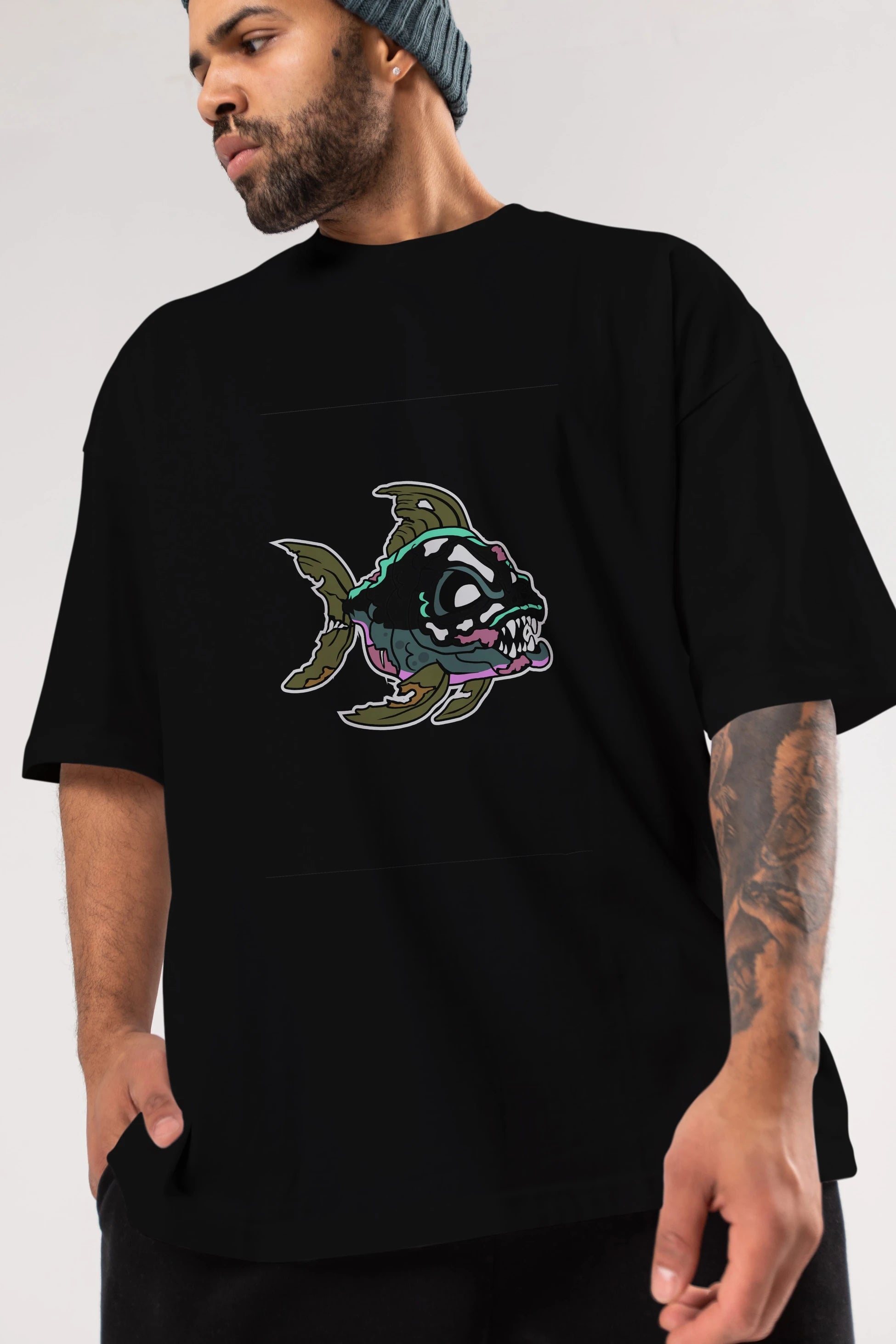 Fish Monster Ön Baskılı Oversize t-shirt Erkek Kadın Unisex %100 Pamuk tişort